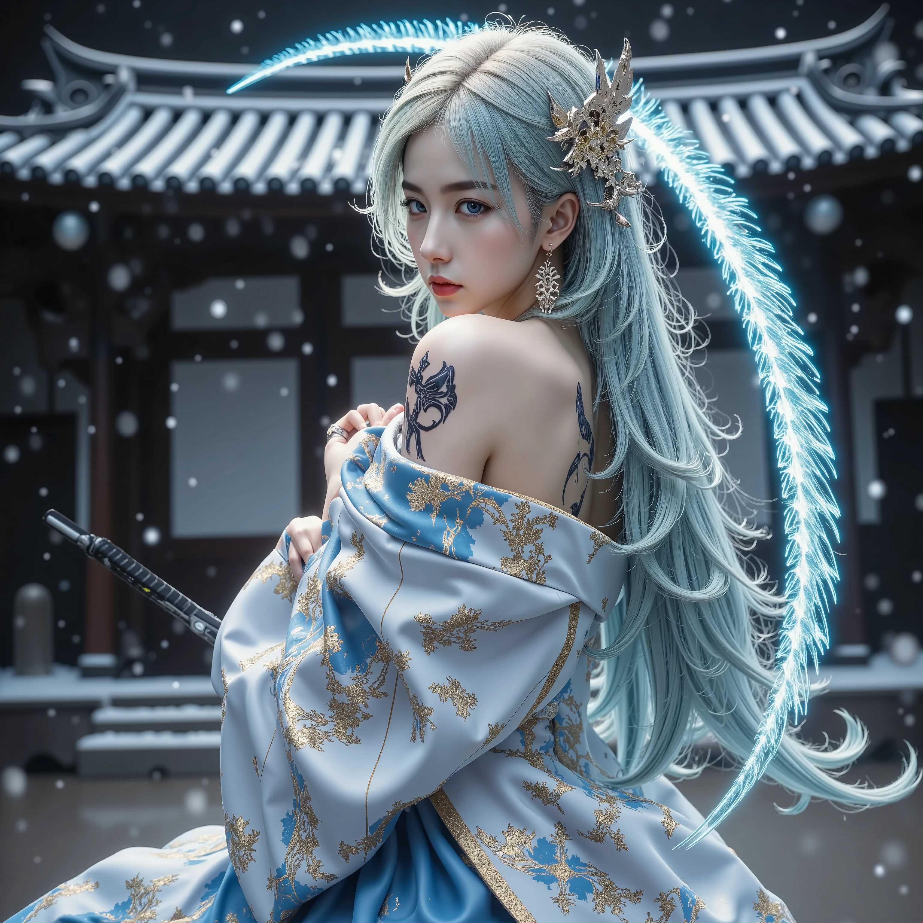 Temple Background、A precise Japanese sword with a blade that shines blue、Holding a Japanese sword in hand、Unexposed whole body、beautiful fighting poses、The glowing snow is dancing、I'm wearing a blue and gold detailed kimono with a beautiful pattern、beautiful and perfect earrings、goddess、A beautiful and perfect headdress、 tattoo