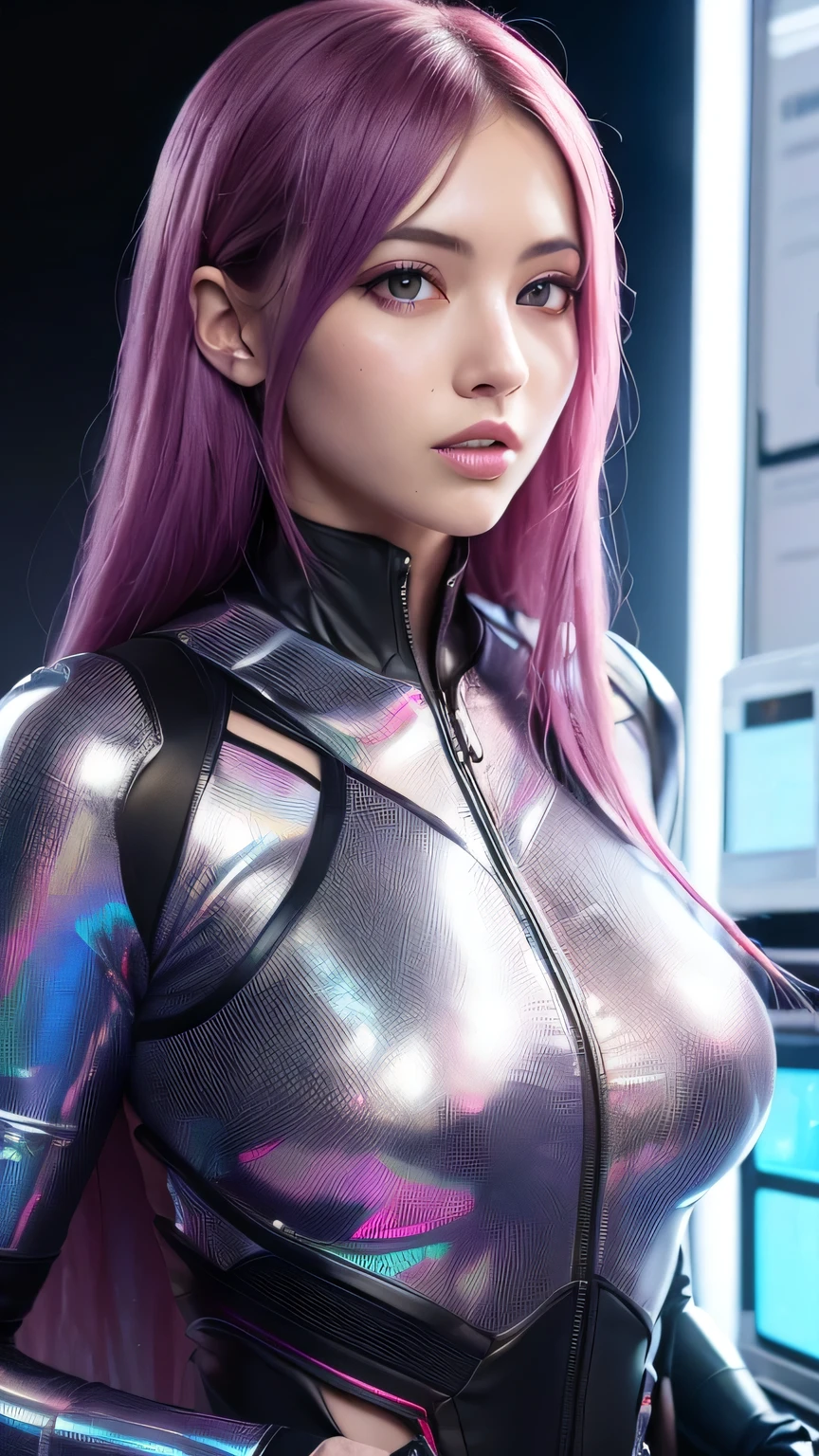 Uma garota cyber com peitos grandes e um traje de ciborgue muito sexy e cabelo rosa com luzes neon, corpo cyber expondo os seios, expondo a calcinha, cabelo azul, corpo inteiro, pose de modelo, Mamalhuda, olhos cor rosa, cintura fina, Athletic body.