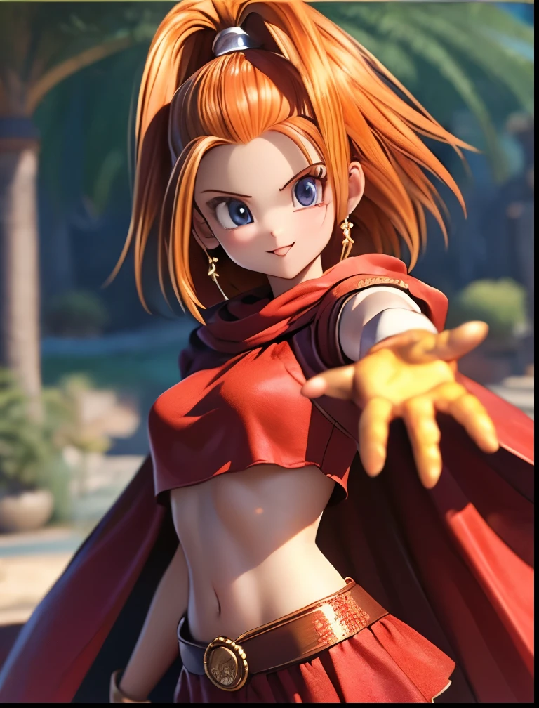 （（（ＳＦＷ、Accuracy、Highest quality、 A first-class masterpiece 、 Normal body 、8k、   detailed face 、 super precision 、   Normal Hands 、5 fingers、Highest、3d）））、"  DRAGON QUEST"、Barbara、 orange hair、 short、 slender、 slim、 dancer clothes、Navel exposed、Cape、Soft gentle smile 、Warm and cozy、Freeze Magic 、 reality 、Soft look、 embarrassing、blush