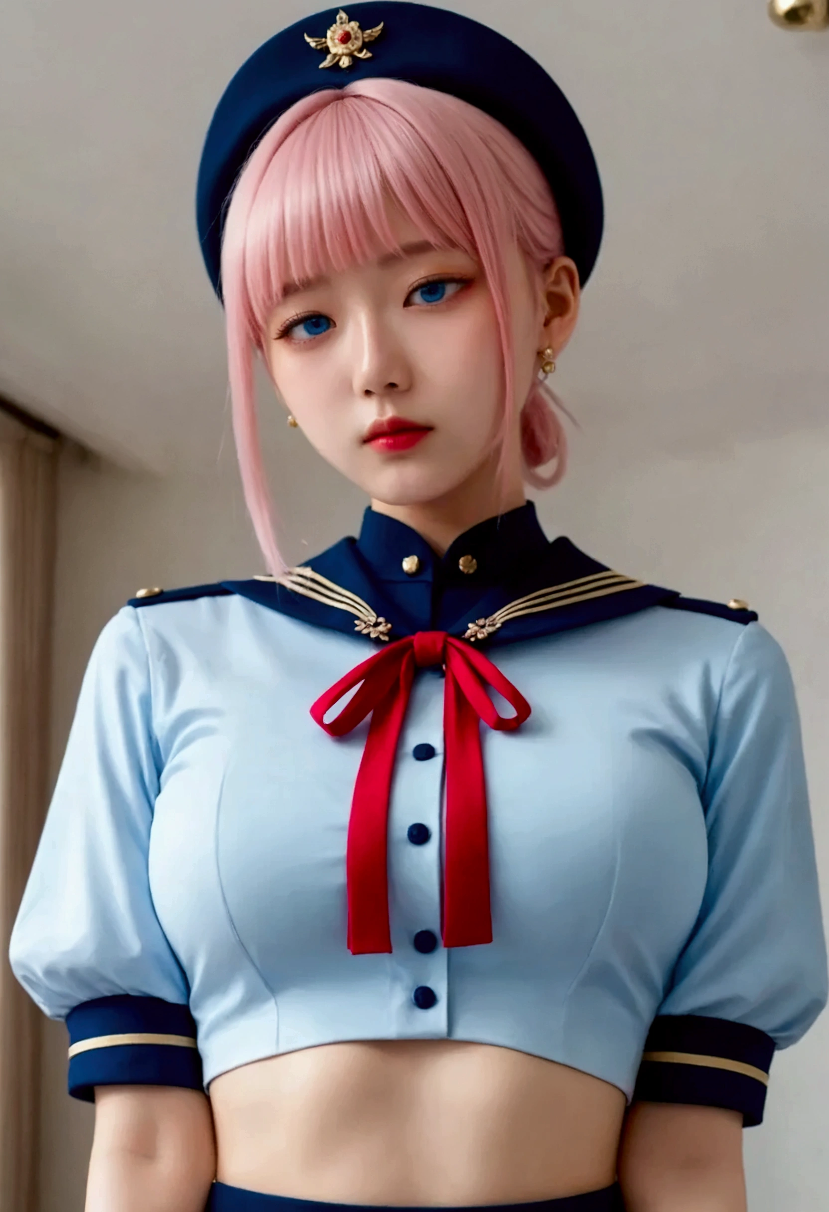 (finely Details beautiful eyes and Details face,masterpiece sidelighting,masterpiece, best quality, Details, high resolution illustration),, ( 1 girl in the best,whole body,Bishoujo Town , shiny skin , Look Down, watch viewers),, ( pink hair with a scar,blue eyes,ribbon,hanbok, Korean Uniform), (Dressed_ under bust:1.2), Underbob ,