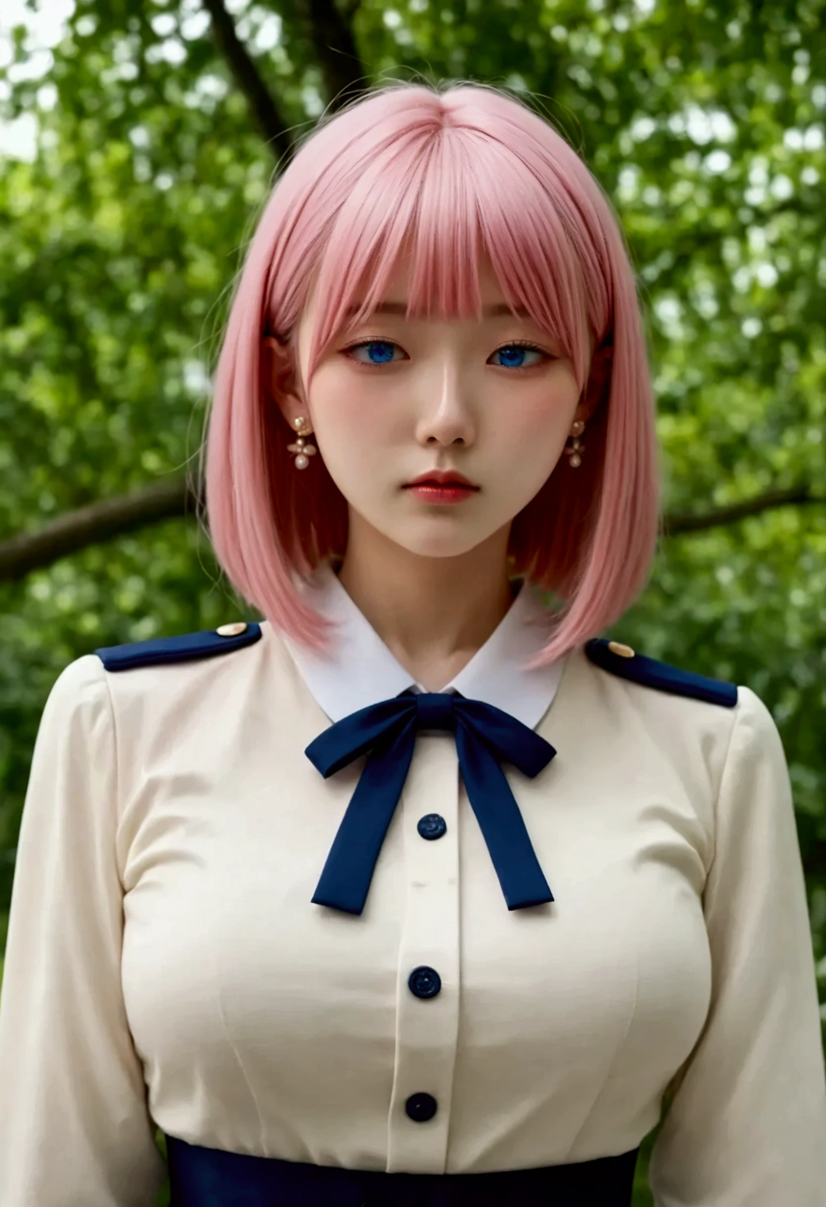 (finely Details beautiful eyes and Details face,masterpiece sidelighting,masterpiece, best quality, Details, high resolution illustration),, ( 1 girl in the best,whole body,Bishoujo Town , shiny skin , Look Down, watch viewers),, ( pink hair with a scar,blue eyes,ribbon,hanbok, Korean Uniform), (Dressed_ under bust:1.2), Underbob ,