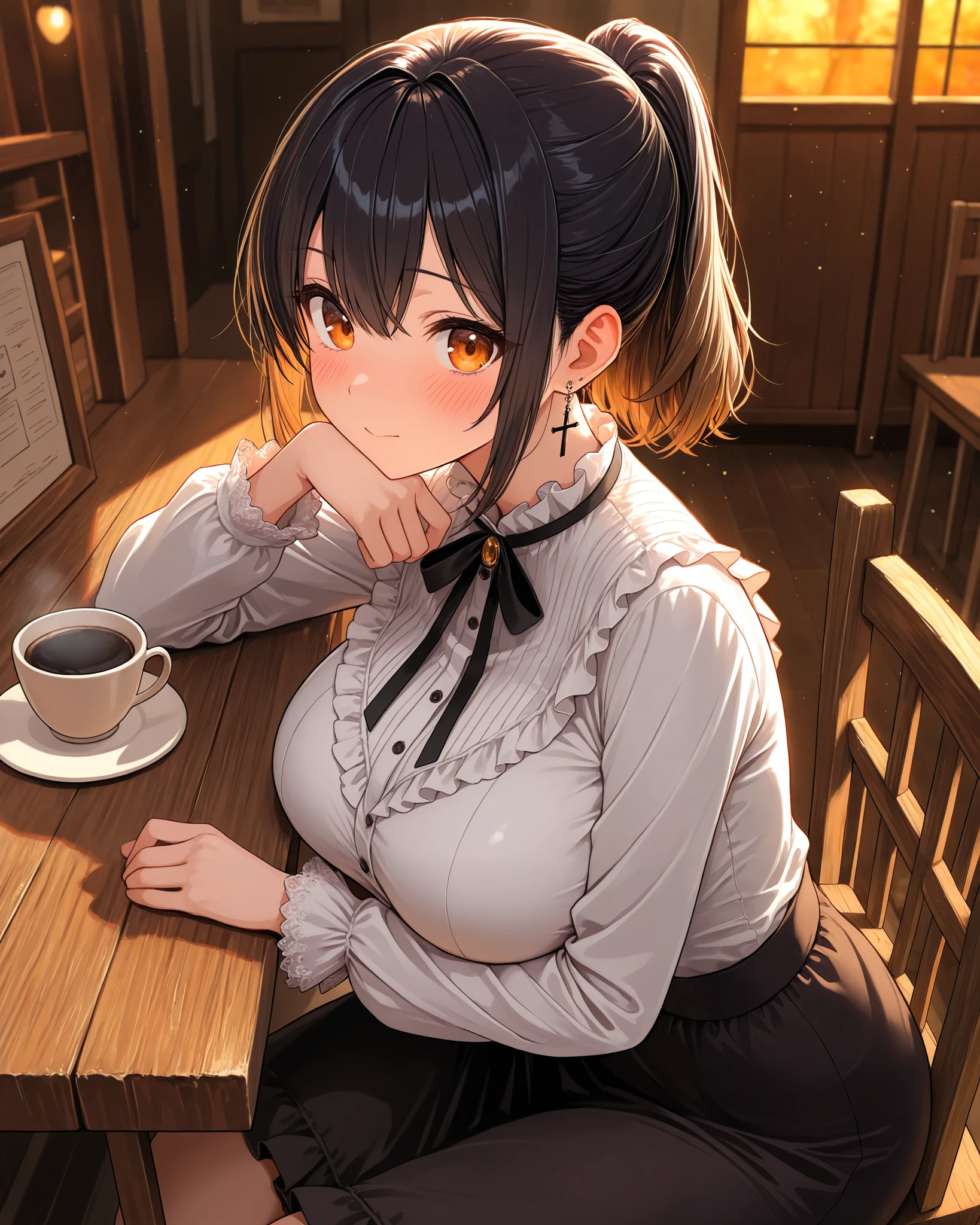 abstract, very cute face, cute girl, solo, short hair, ponytail hair, ((Black hair with brown ends)), orange eyes, large breasts, frills blouse dress, long sleeves, cross Pierced earrings, blush, curvy beauty, flawless smooth skin, looking at viewer, cafe, wood desk, wood chair, coffee, sitting, particles, fractal, (best quality,4k,8k,highres,masterpiece:1.2),ultra-detailed,intricate details, high fashion, dramatic lighting, warm colors, chiaroscuro