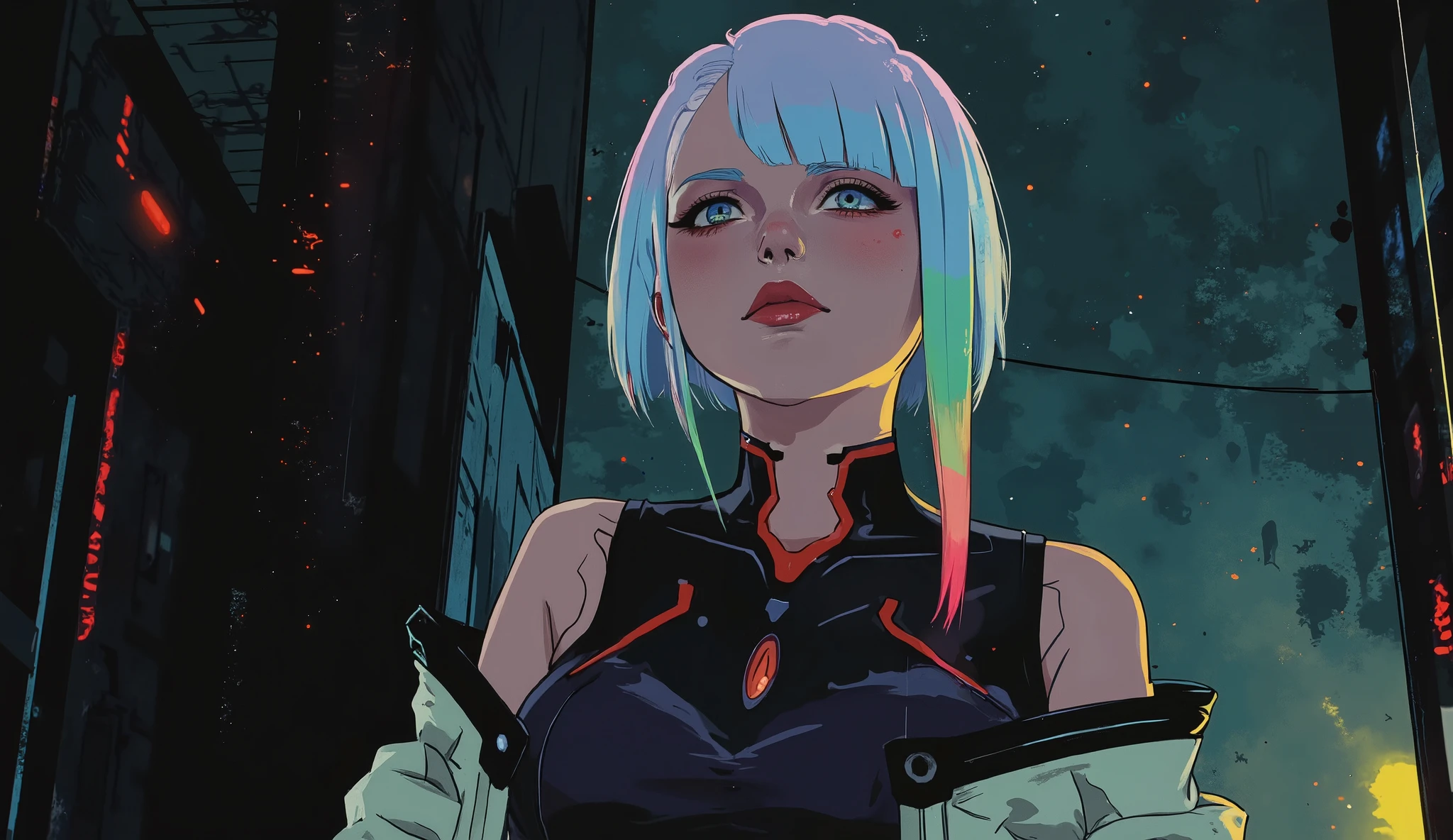 short hair, lucy (cyberpunk), 1girl, bangs, multicolored hair, red eyeliner, jacket, makeup, cyberpunk, white hair, bare shoulders, red lips, multicolored eyes, bodysuit, off-shoulder jacket, breasts, parted bangs, night, open clothes, off shoulder, blunt bangs