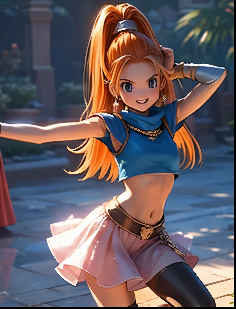 （（（ＳＦＷ、Accuracy、Highest quality、 A first-class masterpiece 、 Normal body 、8k、   detailed face 、 super precision 、   Normal Hands 、5 fingers、Highest、3d）））、"  DRAGON QUEST"、Barbara、 orange hair、 short、 slender、 slim、 dancer clothes、Navel exposed、Pareo、Soft gentle smile 、Warm and cozy、Freeze Magic 、 reality 、Soft look、 embarrassing、blush、Dance loudly
