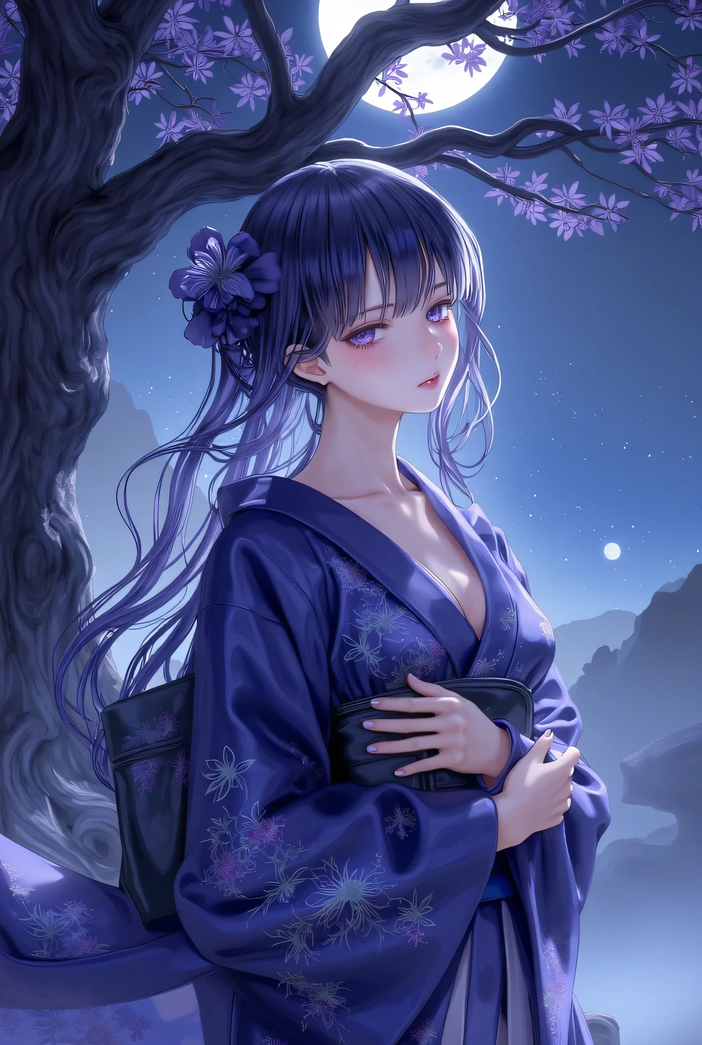 A Japanese woman with dark blue hair and purple eyes wearing a kimono underneath a tree at night