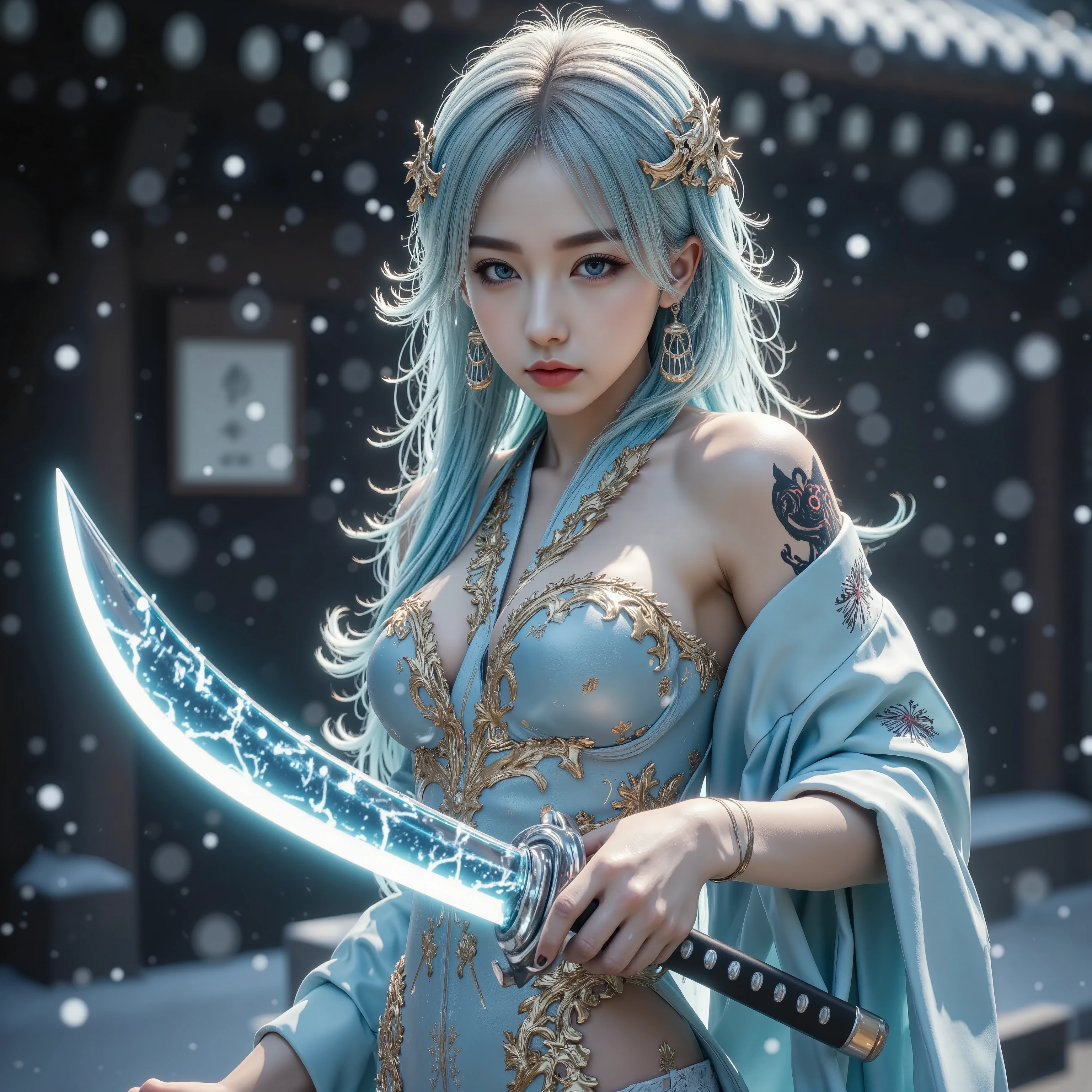 Temple Background、A precise Japanese sword with a blade that shines blue、Holding a Japanese sword in hand、Unexposed whole body、beautiful fighting poses、The glowing snow is dancing、I'm wearing a blue and gold detailed kimono with a beautiful pattern、beautiful and perfect earrings、goddess、A beautiful and perfect headdress、 tattoo