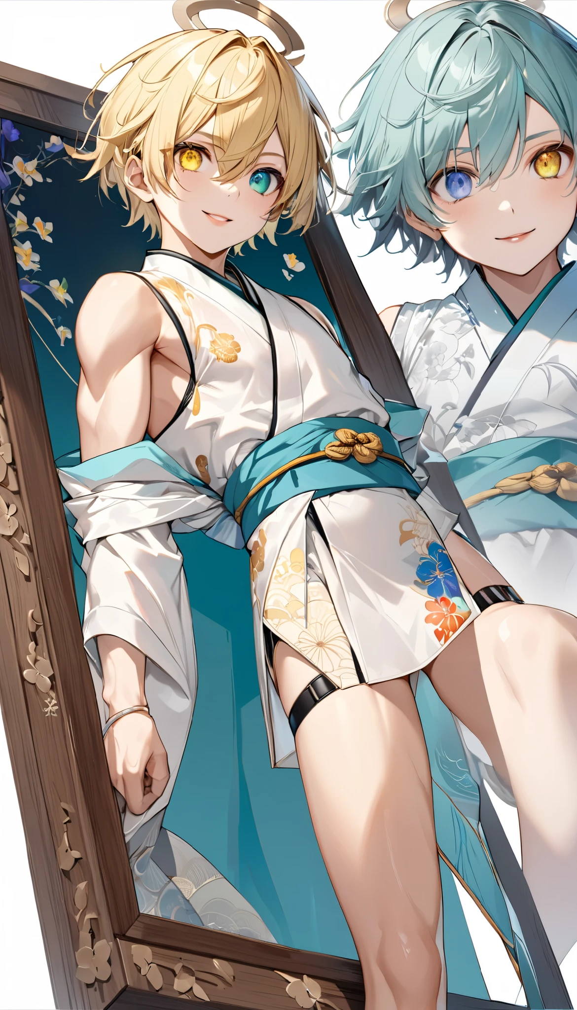  fresh illustration ,
Superfine painting,
 very delicate illustration ,
 Very fine details ,
1boy ,
(( standing))
Alone,
Height: 158cm,
Beige Skin,
Cheeks are ruddy,
((The iris on the left is medium aquamarine and the iris on the right is yellow ))
((Complete iris heterochromia )),
 beautiful eyes,
 large black pupils ,
Short short hair,
Blonde,
 the tips of the hair are whitish ,
 The hair has gradation ,
 shiny hair with makeup,
 young but beautiful and bewitching face ,
The lips are extremely small,
 is smiling,
 a small halo that shines brightly on the head ,
 the tips of the eyebrows are slightly lowered ,
 the upper body is worn in kimono ,
thin pectoral muscle,
 six pack,
 Slim waist,
 thin legs ,
 The lower body is long, transparent clothing in the style of a Chinese dress with slits on both hips,
The color of the obi is red ,,
 the obi is tastefully embroidered with silver thread ,
 fine fabric clothing ,
Jockstrap underwear claims to be male,
 the thigh strap cuts into the skin ,
Are the tips of long boots Japanese style,
Isometric,
 golden ratio,
god々 atmosphere,
 wearing a padded collar innerwear ,
 white background,
 tactical use of shadows ,
 the ring of the head and hair fit inside the frame ,
Clothes fit inside the frame ,
(( full shot))
 facing the front,