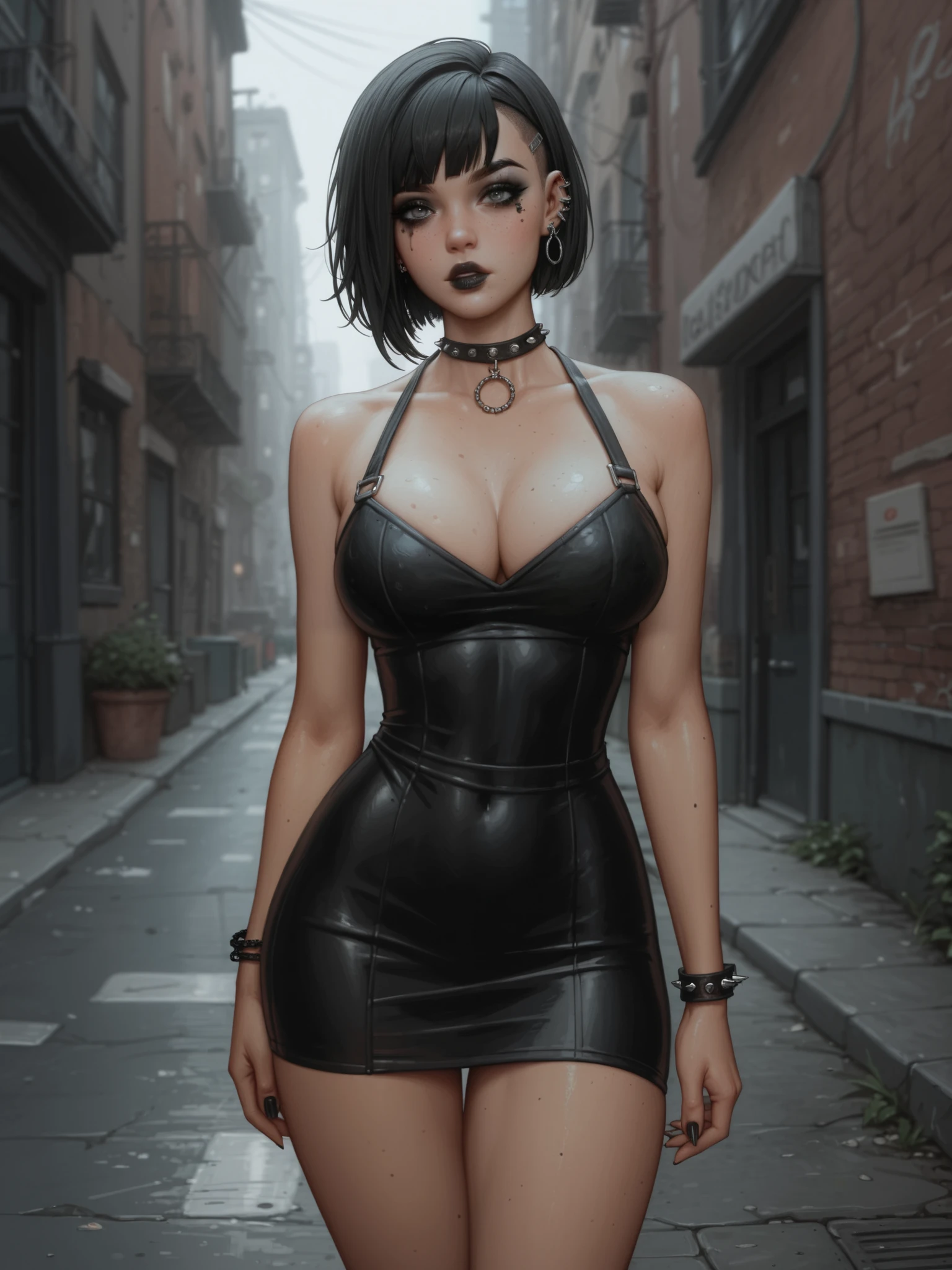 best quality , extreme Detail, Young woman standing alone in a dark shabby back alley in New York, emo, goth girl, Young woman posing sexy , black makeup , black short wild hair, cute face, wild look, extremely large breasts, (H100 ), (wide hips), Young woman is slim , Young woman looking at observer, Young woman wearing a tight black sexy cut-outs mini dress ,