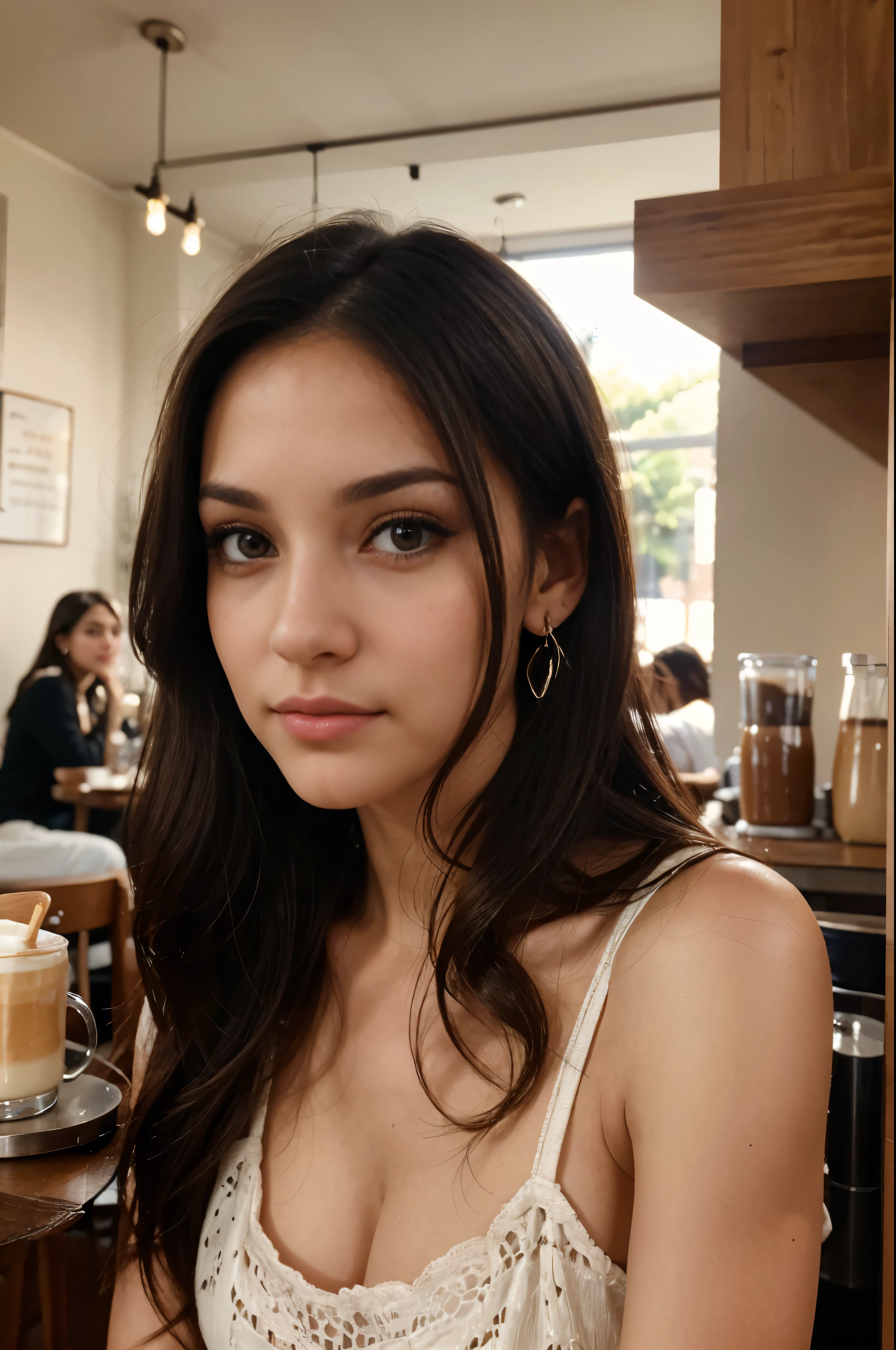 Masterpiece, beautiful girl, 30 year old, dry skin, headshot, midsize boobs, natural, pale skin, light brown hair, yellow highlights, good detail, selfie, Highest quality, Ultra realistic, Instagram picture, smile, in a cafe, wearing low cut top, SFW