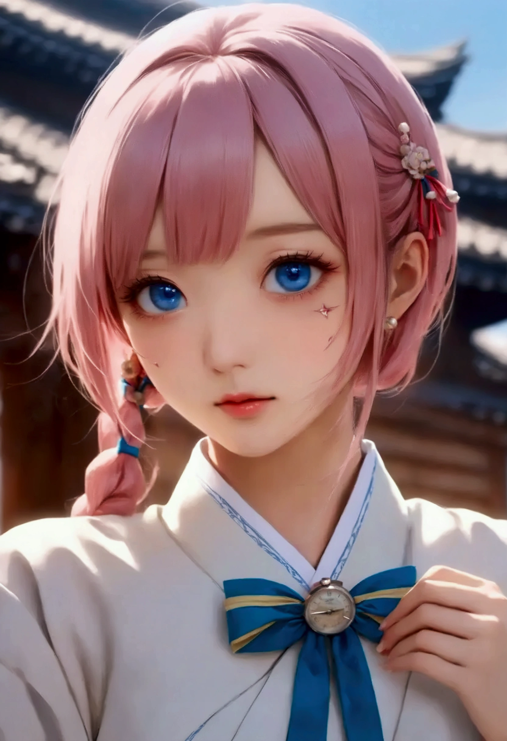(finely   Details beautiful eyes and   Details face,masterpiece sidelighting,masterpiece, best quality,  Details, high resolution),, ( 1 girl in the best,whole body,Bishoujo Town , shiny skin , Look Down, watch viewers),, ( pink hair with a scar,blue eyes,ribbon,hanbok, Korean Uniform), (Dressed_ under bust:1.2), Underbob ,