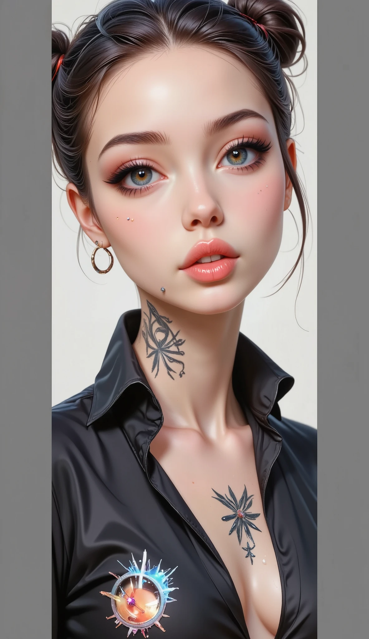 ((a close up of a woman An elegant and delicate cartoon exaggerating the hyperrealistic features a little:1.52, Make it delicate and sensual :1.5, accentuating features such as a fleshy and thick mouth , slightly larger eyes made up with shiny and colorful glitter , and very long eyelashes with glitter on the tips , rosy cheeks:1.51, Beautiful face of a cyberpunk girl, great digital art with details, slightly biting her lower lip, sensually, she wears glasses you can see the reflection in the glasses of the glasses :1.5)), digital art. highly detailed , Detailed woman, full lips in Angelina Jolie style , long false eyelashes , eye makeup blushed lips and cheeks , she wears earrings all over her ear like piercings and in the ovum of her ear she has an embedded ring, a piercing on her lips and nose , hyperrealistic art style , Brandon Woelfel, tattooed face, tattoos and piercings, realistic digital art 4k, realistic digital art 4 k, tattoo style, cyberpunk art style, Girl with glasses , chiaroscuro, cinematic lighting, Optical illusion, HD, UHD, Retina, masterpiece, Accurate, Anatomically correct, textured skin, Super detail, high details, high quality, award winning , best quality, highres, 1080P, HD, 16K