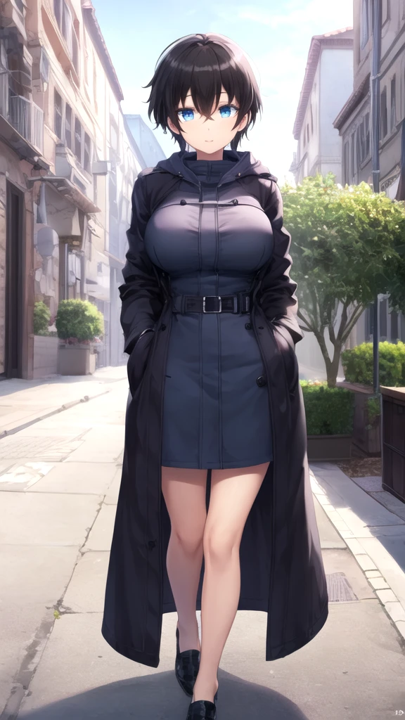 A mature woman, blue hair, physically-based rendering, 1girl, Female model, (huge fake breasts:1.2), (street city), muscular body, slender, slim waist, big buttocks, expose muscle abs, (Full body:1.3), tight leather short skirt, cleavage, tight crop top sweater full body.