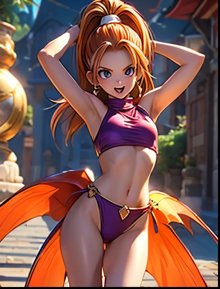 (((SFW、Accuracy、Highest quality、 A first-class masterpiece 、 Normal body 、8k、 detailed face 、 super precision 、 Normal Hands 、5 fingers、Highest、3d)))、" DRAGON QUEST"、Barbara、 orange hair、 short、 slender、 slim、 Magical Bikinis、Navel exposed、Pareo、Confusion、Warm and cozy、 reality 、Soft look、 embarrassing、blush、Dance loudly、Manipulated and danced、Naughty dances 、Sexy Dance、Dance with your legs high