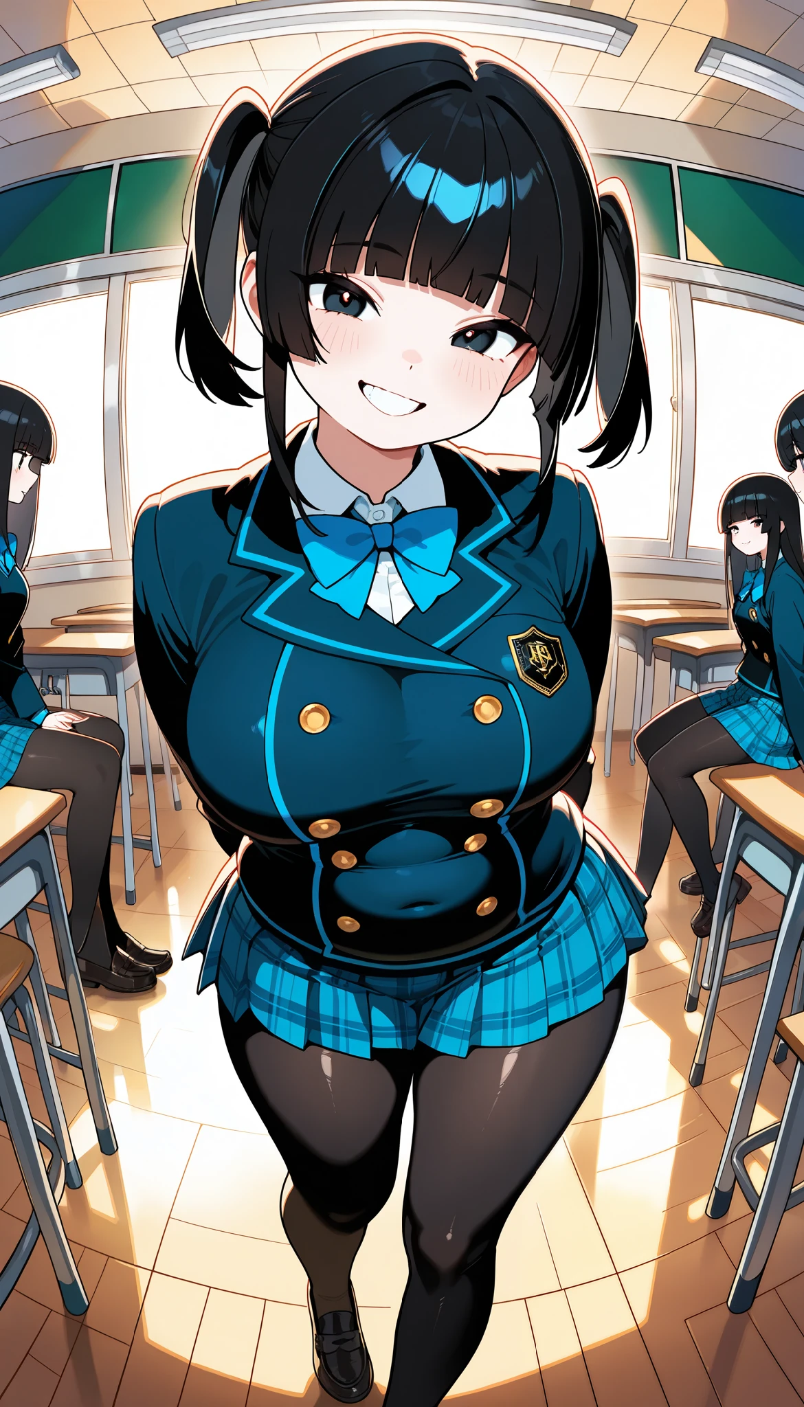 score_9, score_8_ up, score_7_ up, More details, ABSOLUTE RESOLUTION ,32K,masterpiece, best quality , My penis hits my butt , detailed beautiful face and eyes , s uper real, beautiful face, black hair,hime cut, short twin tails 、smile,White teeth、 school uniform , plaid skirt,School tights, Cleevidge ,(( big breasted )), It's bent to 。 from a certain point of view , Attention audience , ( thighs)、(( shiny black tights))、classroom、( loafers )、 Angle from behind 、 angle 、Hunchback、( plump),