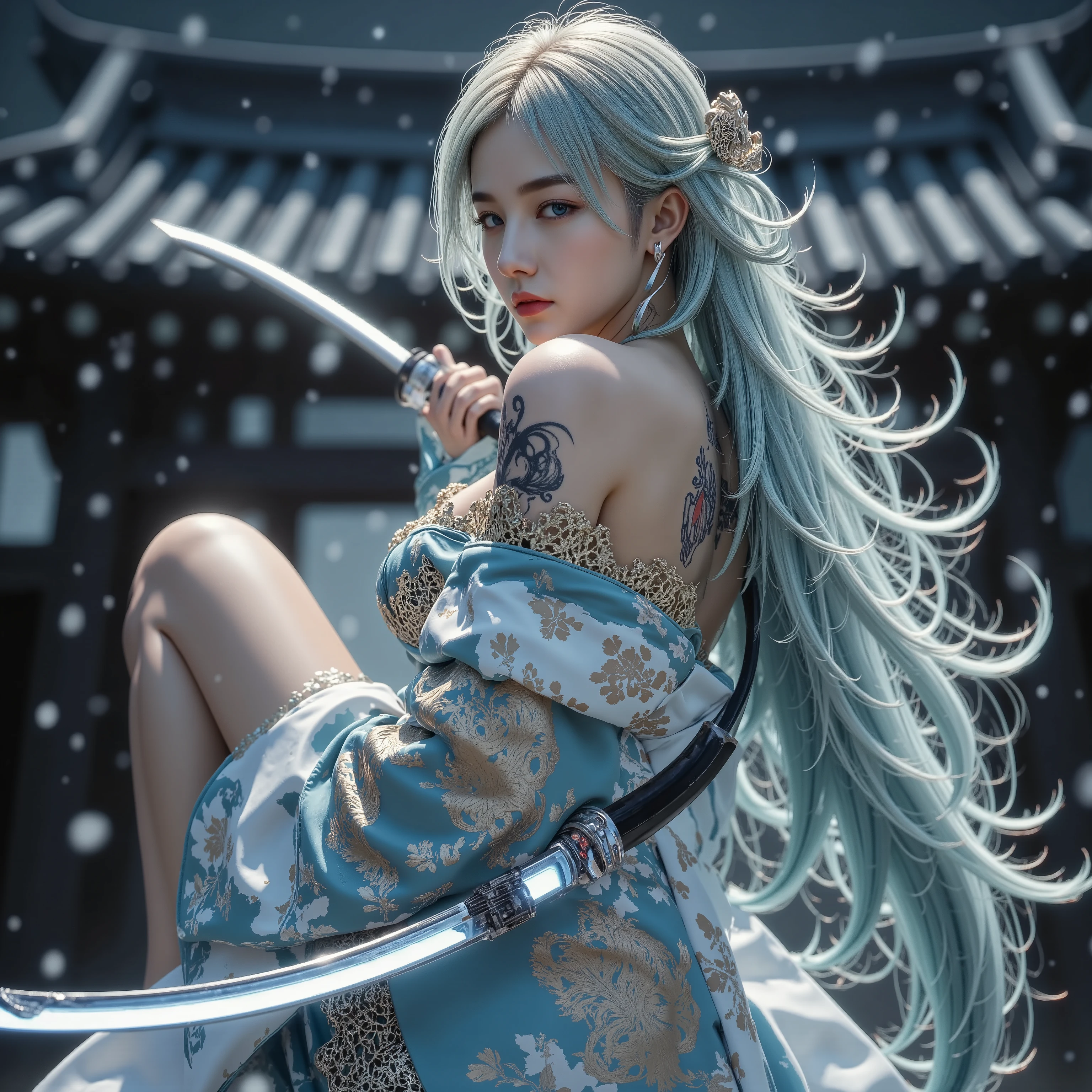 Full body in kimono、Temple Background、A precise Japanese sword with a blade that shines blue、Holding a Japanese sword in hand、Unexposed whole body、beautiful fighting poses、The glowing snow is dancing、I'm wearing a blue and gold detailed kimono with a beautiful pattern、beautiful and perfect earrings、goddess、A beautiful and perfect headdress、 tattoo