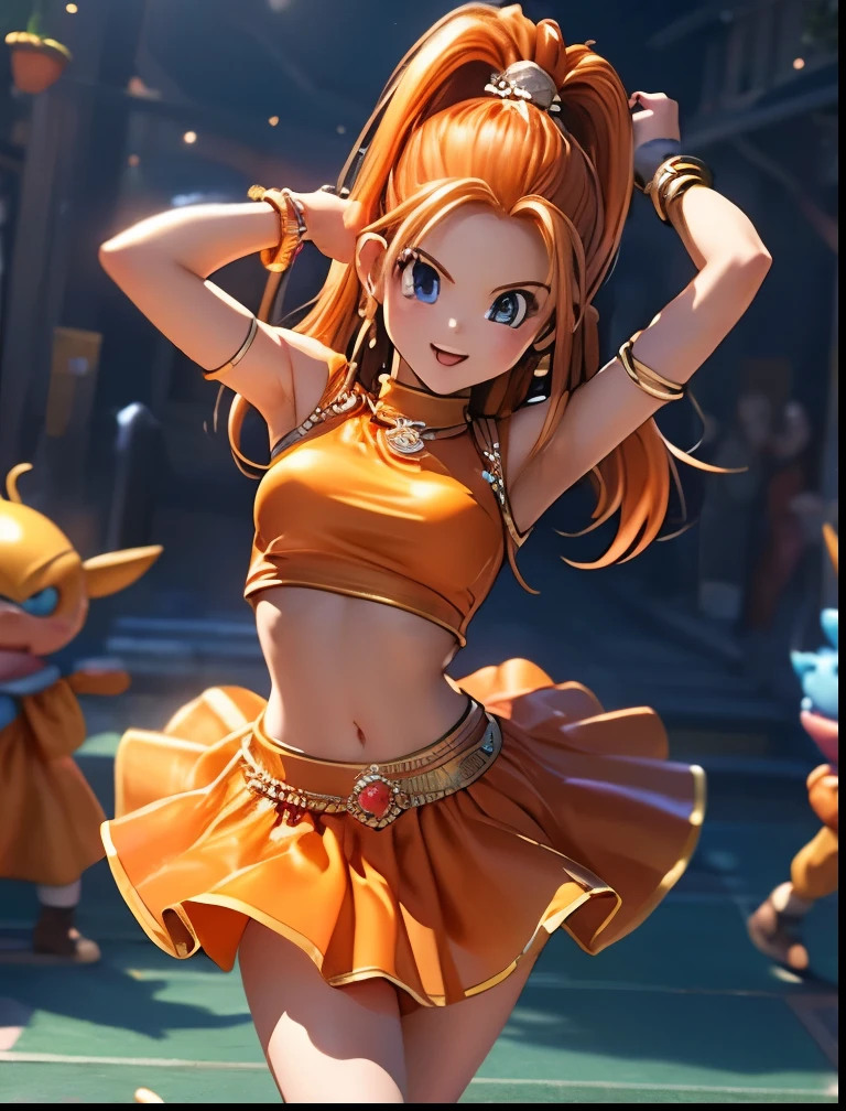 (((SFW、Accuracy、Highest quality、 A first-class masterpiece 、 Normal body 、8k、 detailed face 、 super precision 、 Normal Hands 、5 fingers、Highest、3d)))、" DRAGON QUEST"、Barbara、 orange hair、 short、 slender、 slim、 dancer clothes、Navel exposed、Pareo、Confusion、Warm and cozy、 reality 、Soft look、 embarrassing、blush、Dance loudly、Manipulated and danced、Naughty dances 、Sexy Dance、Dance with your legs high、Strip Dance、Dance while undressing
