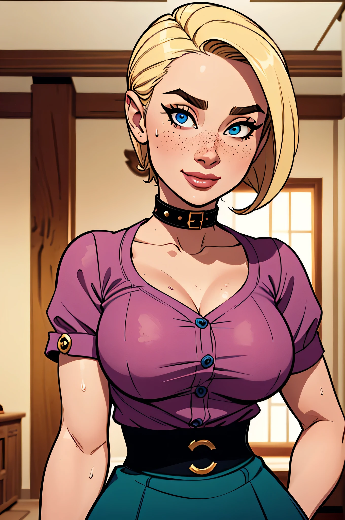 ( absurd, HD , ultra detailed, be careful with your hand ) Close up of a thin and athletic woman, 25 years, 8k (( high definition )), beautiful smile, seductive look, blue eyes, nose fine, pink shirt (( with buttons, short sleeves and Italian collar )), discreet skirt with belt, thin waist, mid hip, your two arms are positioned on the sides of your body, white skin , Blonde hair (( long and straight )), walking around the room (( upper body )), with freckles on the neck and breasts , (( large round breasts , sweaty )), (( Well defined collarbone, intricate details )). Marvel style (( HQ )), forest in the background .