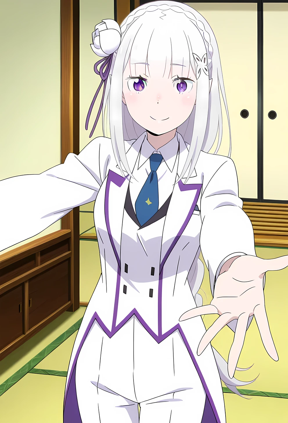 anime screencap, anime coloring, perfect lighting, detailed face,
 1girl, emilia (re:zero), long hair, solo, hair ribbon, hair flower, flower, hair ornament, ribbon, white flower, grey hair, smile, indoors, tatami, braid, suit tuxedo ,  long hair, bangs,, , standing,happy,smile,looking at viewer, cowboy shot, blue tie woman in formal attractive suit tuxedo tailcoat standing in a large alcove in the room, , reaching towards viewer , 