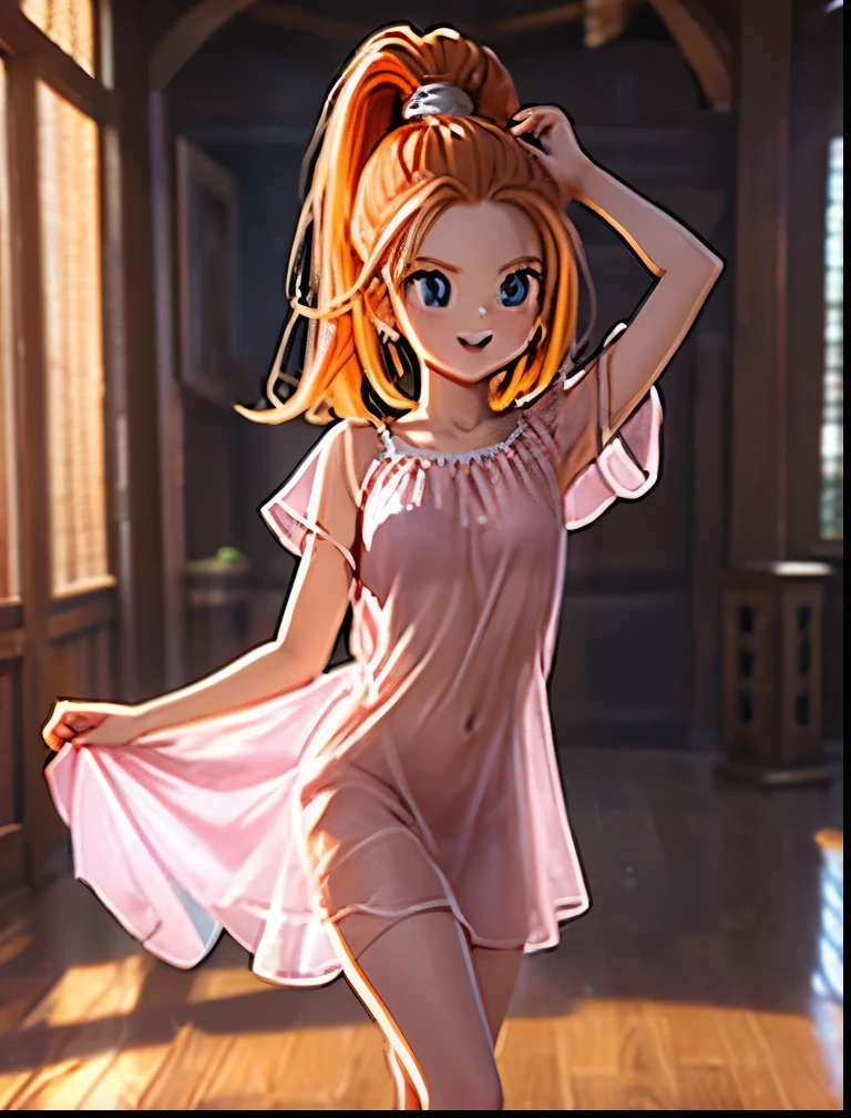 (((SFW、Accuracy、Highest quality、 A first-class masterpiece 、 Normal body 、8k、 detailed face 、 super precision 、 Normal Hands 、5 fingers、Highest、3d)))、" DRAGON QUEST"、Barbara、 orange hair、 short、 slender、 slim、sheer sheer ultra-thin nightgown、Navel exposed、Confusion、Warm and cozy、 reality 、Soft look、 embarrassing、blush、Dance loudly、Manipulated and danced、Naughty dances 、Sexy Dance、Dance with your legs high