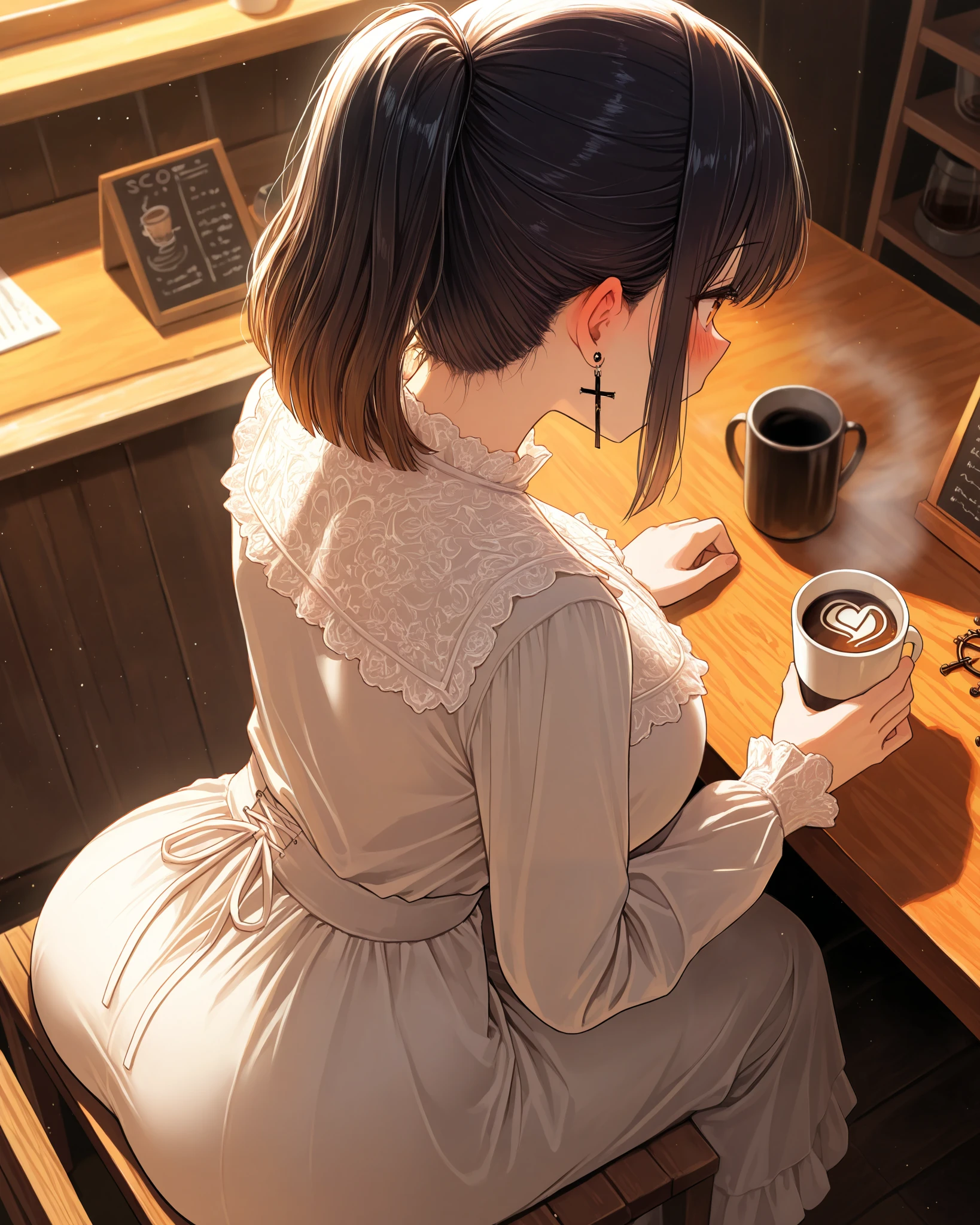 abstract, very cute face, cute girl, solo, short hair, ponytail hair, ((Black hair with brown ends)), orange eyes, large breasts, frills blouse dress, long sleeves, cross Pierced earrings, blush, curvy beauty, flawless smooth skin, facing away, cafe, wood desk, wood chair, coffee, drinking coffee, sitting, particles, fractal, (best quality,4k,8k,highres,masterpiece:1.2),ultra-detailed,intricate details, high fashion, dramatic lighting, warm colors, chiaroscuro