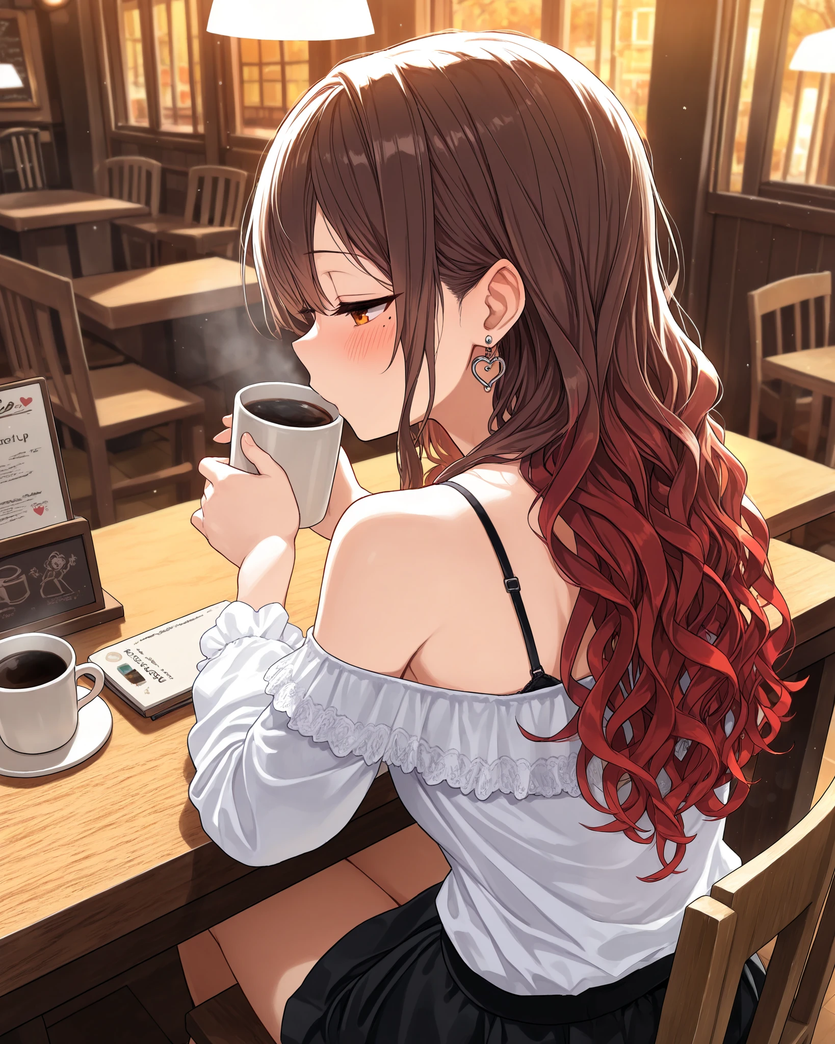 very cute face, cute girl, solo, long hair, wavy hair, ((brown hair with red ends)), half closed eyes, Mole under the left eye, orange eyes, flat breasts, bra strap, off shoulder, blouse, mini skirt, heart Pierced earrings, blush, flawless smooth skin, facing away, cafe, wood desk, wood chair, coffee, drinking coffee, sitting, indoors, particles, fractal, (best quality,4k,8k,highres,masterpiece:1.2),ultra-detailed,intricate details, high fashion, dramatic lighting, warm colors, chiaroscuro