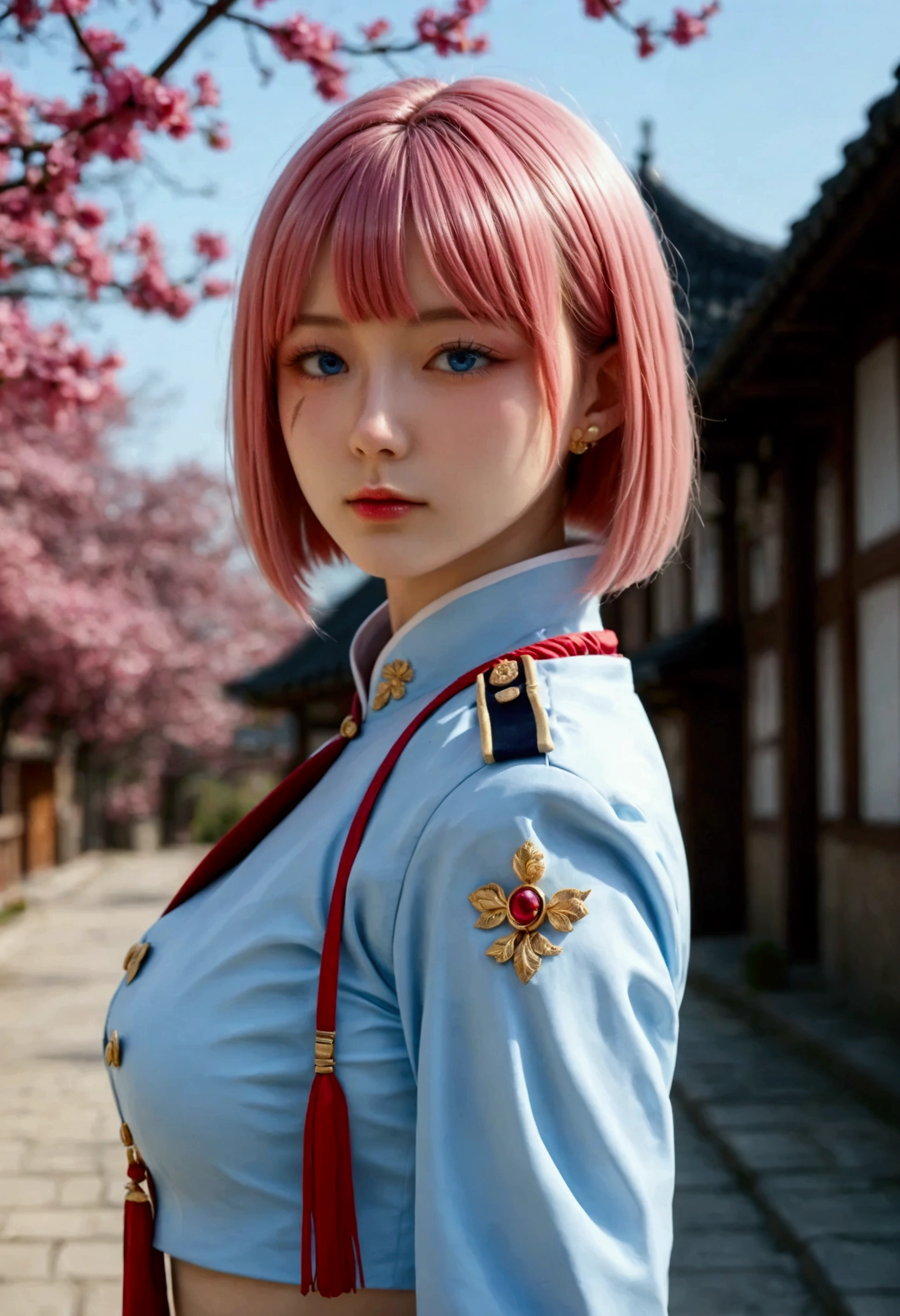 (finely Details beautiful eyes and Details face,masterpiece sidelighting,masterpiece, best quality, Details, high resolution),, ( 1 girl in the best,whole body,Bishoujo Town , shiny skin , Look Down, watch viewers),, ( pink hair with a scar,blue eyes,ribbon,hanbok, Korean Uniform), (Dressed_ under bust:1.2), Underbob ,