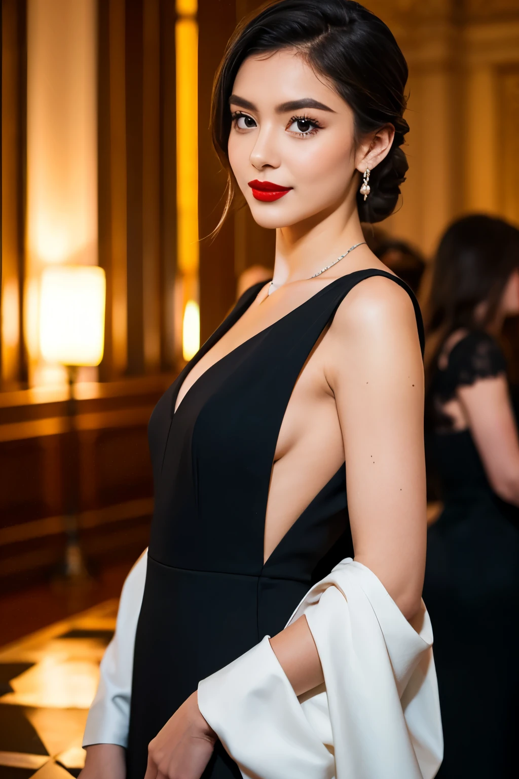 (( best quality )), ((masterpiece)), ( Details), 1 girl in the best , elegant , black dress , Red lipstick, Party Venue , whole body, photos