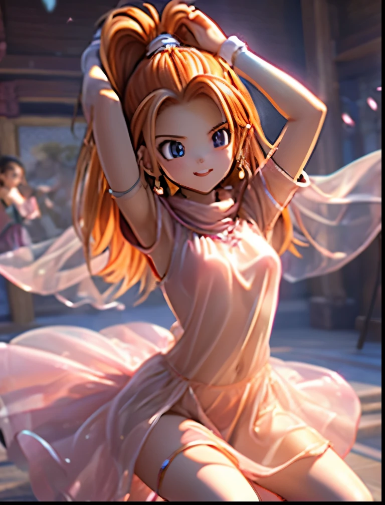 (((SFW、Accuracy、Highest quality、 A first-class masterpiece 、 Normal body 、8k、 detailed face 、 super precision 、 Normal Hands 、5 fingers、Highest、3d)))、" DRAGON QUEST"、Barbara、 orange hair、 short、 slender、 slim、Nipple See-Through Ultrathin Transparent Nightgown、Navel exposed、Confusion、Warm and cozy、 reality 、Soft look、 embarrassing、blush、Dance loudly、Manipulated and danced、Naughty dances 、sexy dance with open legs、Dance with your legs high