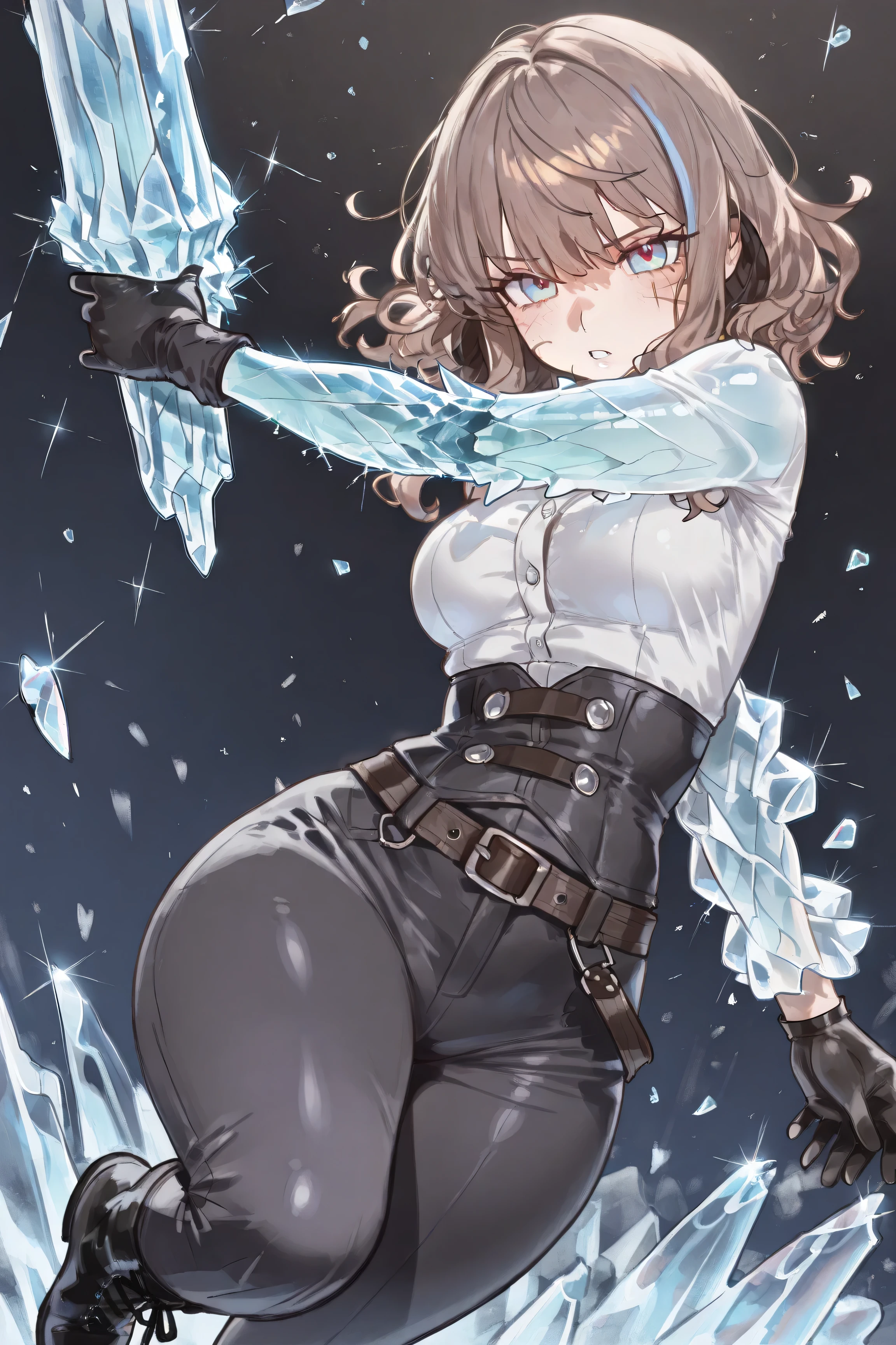 Score_8_up, (masterpiece, Best Quality: 1.2), Ultra Detailed, HDR-10, (Soft Colors), (beautiful eyes, detailed eyes:1.2), 1girl, brown hair, grey hair, Streaked hair, Locks in front, bangs, medium hair, Wavy hair, blue eye, orange eye, Multicolored eyes, scar on Cheek, White button-down shirt, black Gloves sleeve, Black pants, Black boots, medium breasts, wide hips, holding gun, (((solo))), Ice , (((A single frozen arm))), Belts, Braces, Black background, ice shards, Blue light, Dynamic pose, ebora
