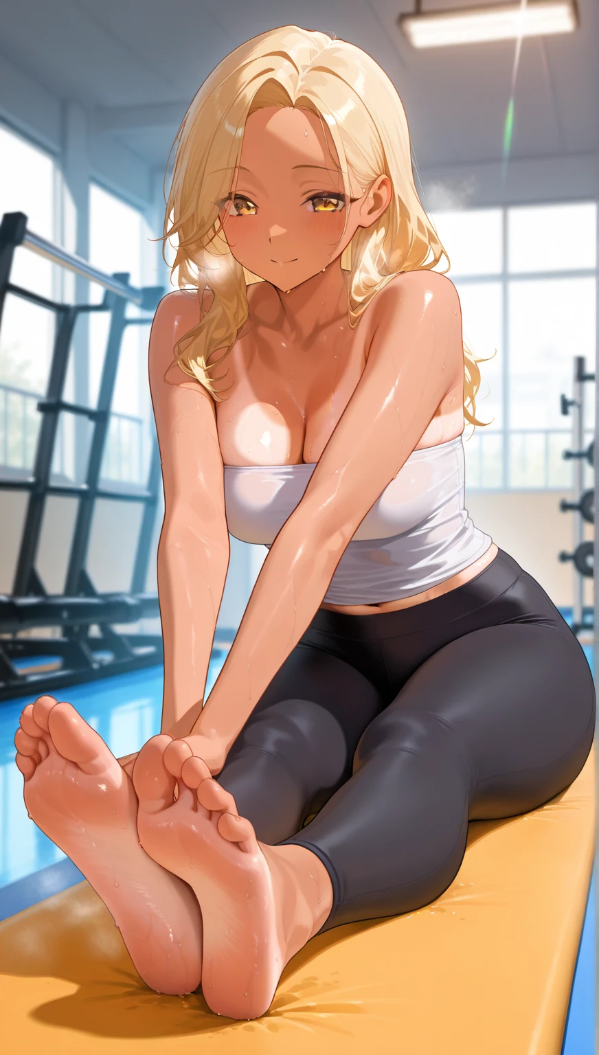 a blonde Beautiful Woman, squatting naked in a Gym, only wearing white sneakers, shaved , messy bun, serious look, looking at viewer, Camel toe