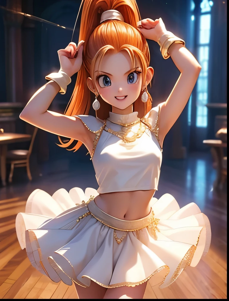 (((SFW、Accuracy、Highest quality、 A first-class masterpiece 、 Normal body 、8k、 detailed face 、 super precision 、 Normal Hands 、5 fingers、Highest、3d)))、" DRAGON QUEST"、Barbara、 orange hair、 short、 slender、 slim、Ultra-thin white dress with transparent nipples、Navel exposed、Confusion、Warm and cozy、 reality 、Soft look、 embarrassing、blush、Dance loudly、Manipulated and danced、Naughty dances 、sexy dance with open legs、Dance with your legs high