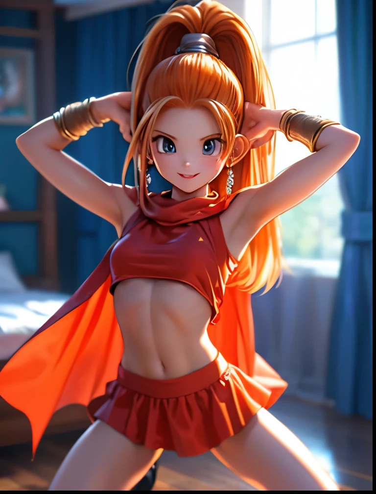 (((SFW、Accuracy、Highest quality、 A first-class masterpiece 、 Normal body 、8k、 detailed face 、 super precision 、 Normal Hands 、5 fingers、Highest、3d)))、" DRAGON QUEST"、Barbara、 orange hair、 short、 slender、 slim、 undress、Half naked、Navel exposed、Confusion、confusion、Warm and cozy、 reality 、Soft look、 embarrassing、blush、Dance loudly、Manipulated and danced、Naughty dances 、sexy dance with open legs、Dance with your legs high、Strip Dance、Dance while undressing、 pole dance