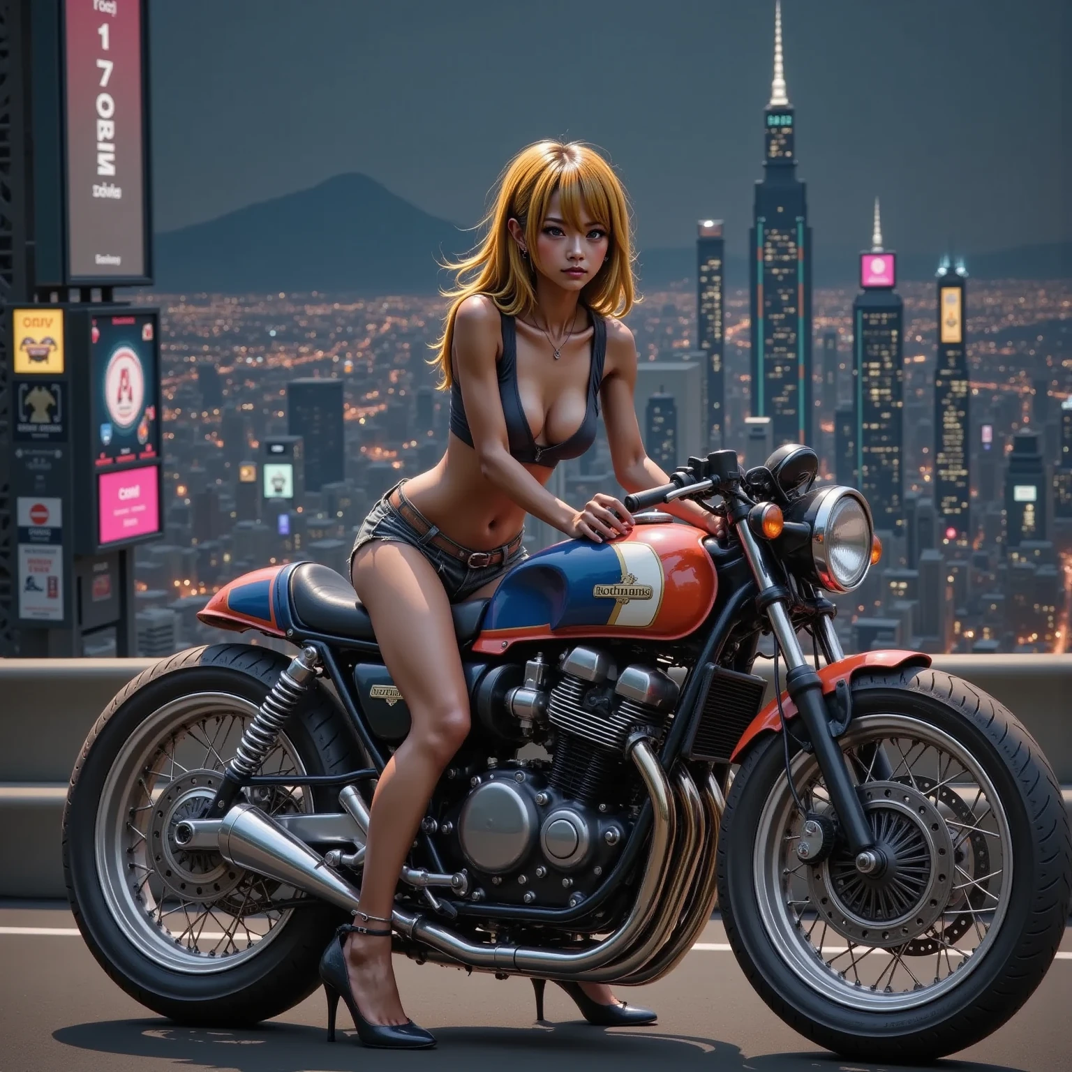 ((best quality)), ((masterpiece)), (detailed), 1girl, 8k_wallpaper, extremely detailed eyes, extremely detailed body, (large masterpiece digital art), ((perfect anatomy huge chest)), (intricate details:1.3 ), (ultra-detailed:1.3), (sharp focus:1.3), (natural lighting:1.05), (best quality:1.4), high quality, expressive eyes, full body, tall girl, detailed face, beautiful face, perfect face, detailed ((blonde hair)), (gold eyes), ({dark skinned female}), gigantic breasts, thick thighs, strong arm and leg muscles, strong abdominal muscles, {{the whole body is covered with yakuza tattoos}}, ((yakuza tattoo model Yerin)), Korean women, wearing a modern short black cloth jacket with rolled up sleeves, (wearing heavy gold colored steel armor), a wide red leather belt with blue steel yarn, steel boots, steel thigh guards, a walkie-talkie attached to his belt, a hiking backpack on his back, riding a motorcycle through Seoul at night, cyberpunk,