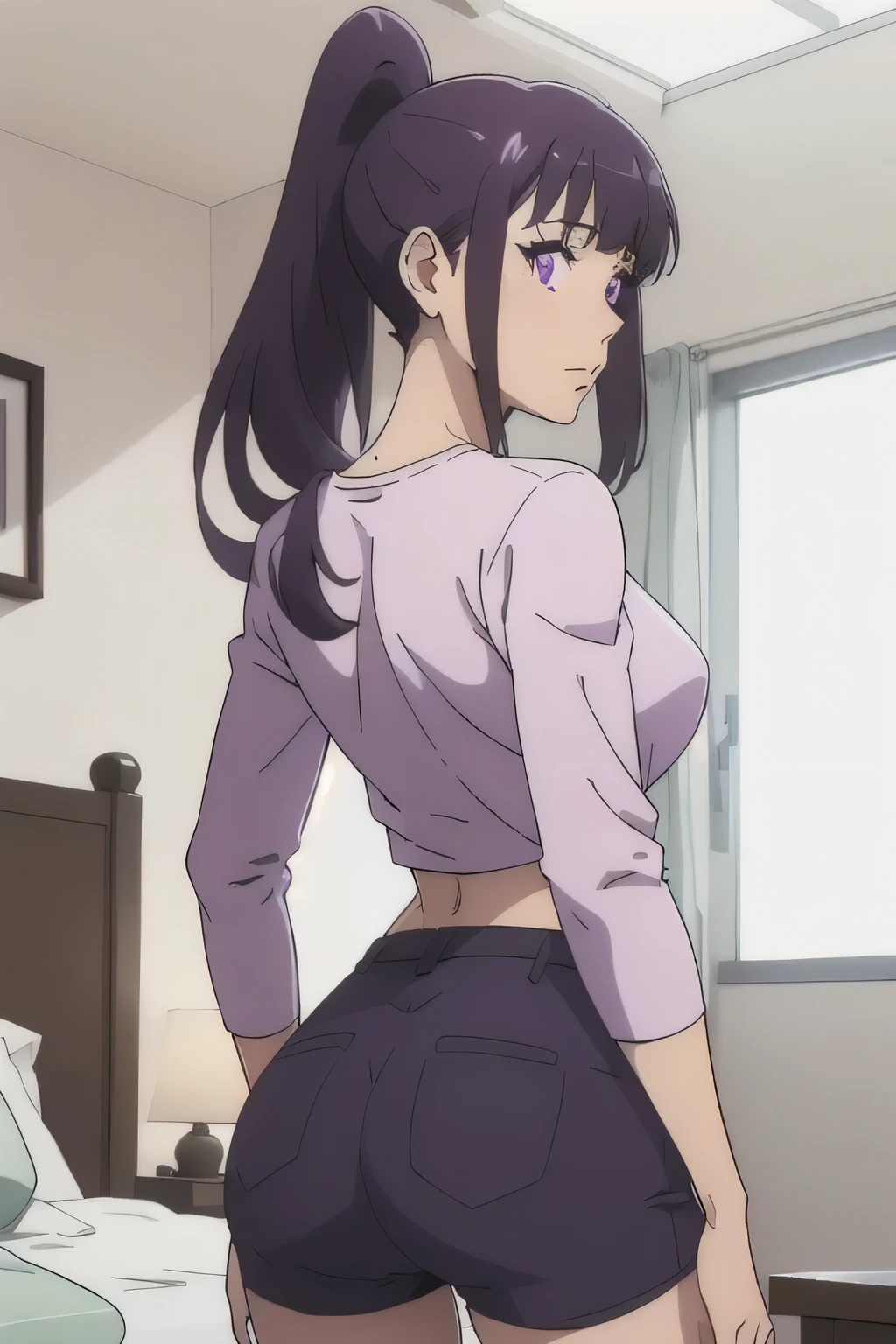 1 girl in, 18, photo of Sung Jinha, Solo Levelling Waifu, photo of perfect woman, Solo, Aesthetic artwork, (long hair, straight purple hair, long ponytail, dark purple hair, bangs: 1.25), (violet eyes, clear skin, fare skin, small breasts, B-cup, runners body, very thin waist, skinny, petite, detailed skin texture, (Masterpiece), (shot from behind, up skirt, focus on ass:1.2), (she wears A long sleeve cropped t-shirt, hello kitty long sleeve t-shirt, pink ruffled booty shorts, fluffy ruffly short shorts), in a bedroom, (extremely detailed 8k wallpaper), soft lighting, high quality, film grain, 50mm, High Detail, Sharp focus, (natural light), (cowboy photo:1.2), light particles