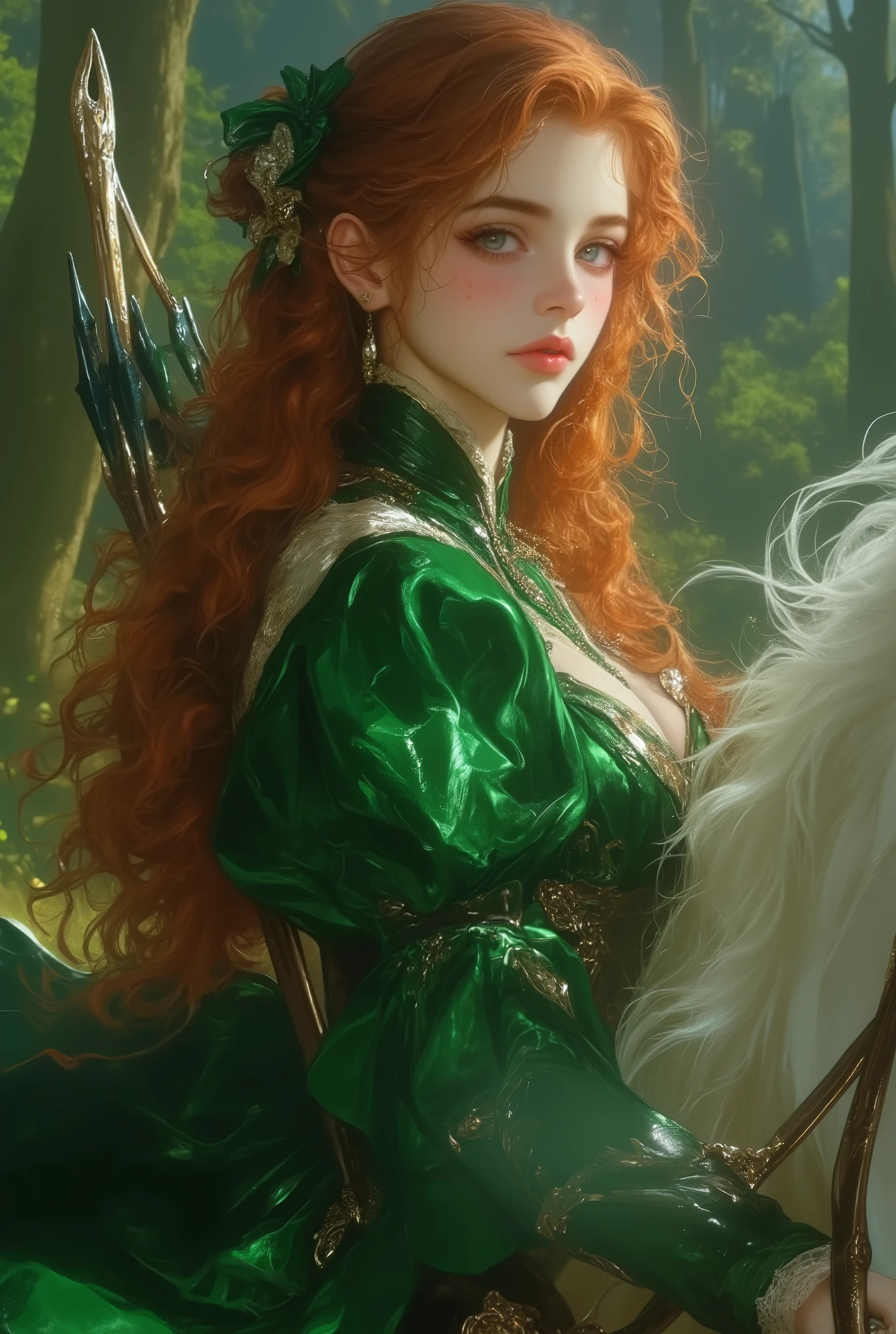 Best quality,masterpiece,ultra high res,beautiful, extremely detailed face, perfect lighting, perfect face, 16k, beautiful women, 1 garota , 16k, Best quality,masterpiece,ultra high res,beautiful, extremely detailed face, 16k, The time is set in the France, 1800. In a forest, an adventurous girl riding a majestic white horse. The girl wears a long emerald green dress, with long sleeves and glued to the arm. The girl carries a bow and arrow behind her back. The girl has an ethereal beauty, long red curly hair, blue eyes, slightly pink and freckled cheeks and slightly pink lips.