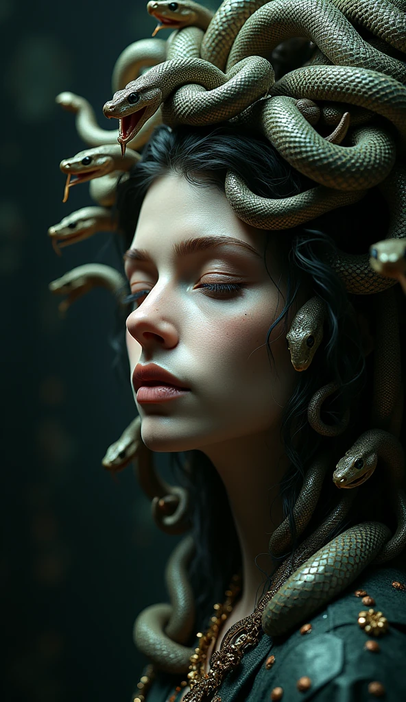 The image depicts Medusa, a Greek mythological figure. Key elements of ...
