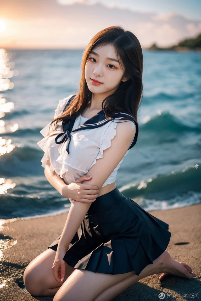 (((Top-down configuration:1.33)))、((No underwear:1.55))、One Girl、Beautiful and detailed eyes and face、barefoot、20 year old cute Japan woman, ((Extremely precise and accurate anatomy:1.0)), (photo Realistic:1.4), (hyper Realistic:1.4), (最高品質のRealisticな肌の質感:1.4), (Improvement of quality:1.4), (Enhances the beauty of skin texture:1.1), clean and glowing skin, mesh, thin:1.2, (Realistic:1.3), Realisticなライティング, (Smoother lighting:1.05), (Improving the quality of cinema lighting:0.9), Backlight, A gentle light that illuminates the face, Ray Tracing, (Bright light:1.2), 32k, One Japanese woman, fine grain, Detailed face, (Film Grain:1.1),(Accentuates body lines:1.1), High resolution, Natural look, Kind eyes, Enhances hair texture, Delicate light and shadow, Clear skin, Graceful Pose, Beautiful Eyes, Sharp details, Soft light reflection, Beautiful contours, Delicate skin tone, Fine hair texture, Natural background, (((sunny day、Beach、A strong wind is blowing、Her hair and skirt are flying、squat, Traditional navy blue sailor uniform、Open shirt、Pleated skirt、Scooping seawater with hands:1.25、splash、Sandy Beach、Light of the sun、clear blue sea、The waves crash quietly、Blue sky and white clouds、green mountain々、Beautiful Nature、The joys of youth)))、