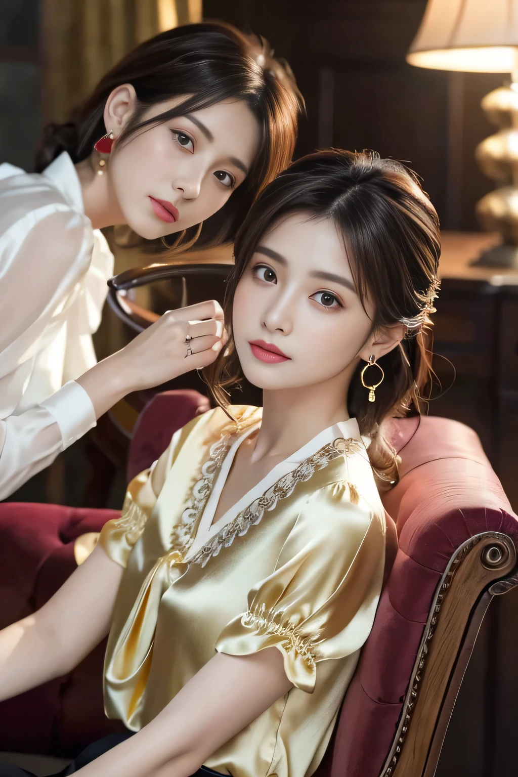 (((best quality))),(((ultra detailed))),(((masterpiece))),illustration,((1 beautiful girl,solo)),(shoulder length straight hair:1.2),((earrings,necklace)),((slim,thin)),((small breasts,flat chest)),(summer night:1.3),(gorgeous sheer Han Chinese gown:1.3),luxurious bedroom,traditional Chinese architecture,starry sky,serene face,elegant grace,intricate updo,delicate hairpins,almond-shaped eyes,innocence curiosity,intricate embroidery,rich cultural symbolism,vibrant hue,elegant wallpaper,intricate patterns,meticulously crafted wooden furniture,grand bed,sumptuous beddings,ethereal ambiance,night sky,stars twinkle,mesmerizing canvas,moon crescent,gentle glow,illuminating landscape,alluring presence,opulent surroundings,celestial wonders,time stands still,ancient Chinese culture,celebrated details,((from front,upper body))