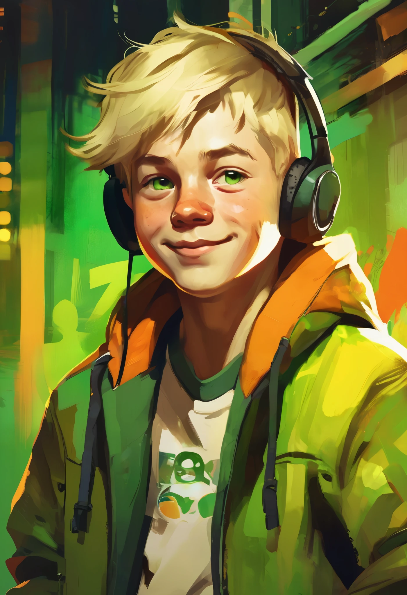 Disco Elysium style portrait, close up, young boy, slightly fat, boy, russian boy, fat, shabby hoodie with 'ROBLOX' logo, worn sports pants, old worn sock, naive expression, short light blond hair, round face, wide green eyes, crooked smile, glowing smartphone, playful and silly, cheerful, high quality, dreamlike atmosphere, vibrant brushstrokes, yellow tones, orange tones, toxic green, abstract background, like innocence, energetic and curious, Disco Elysium artstyle