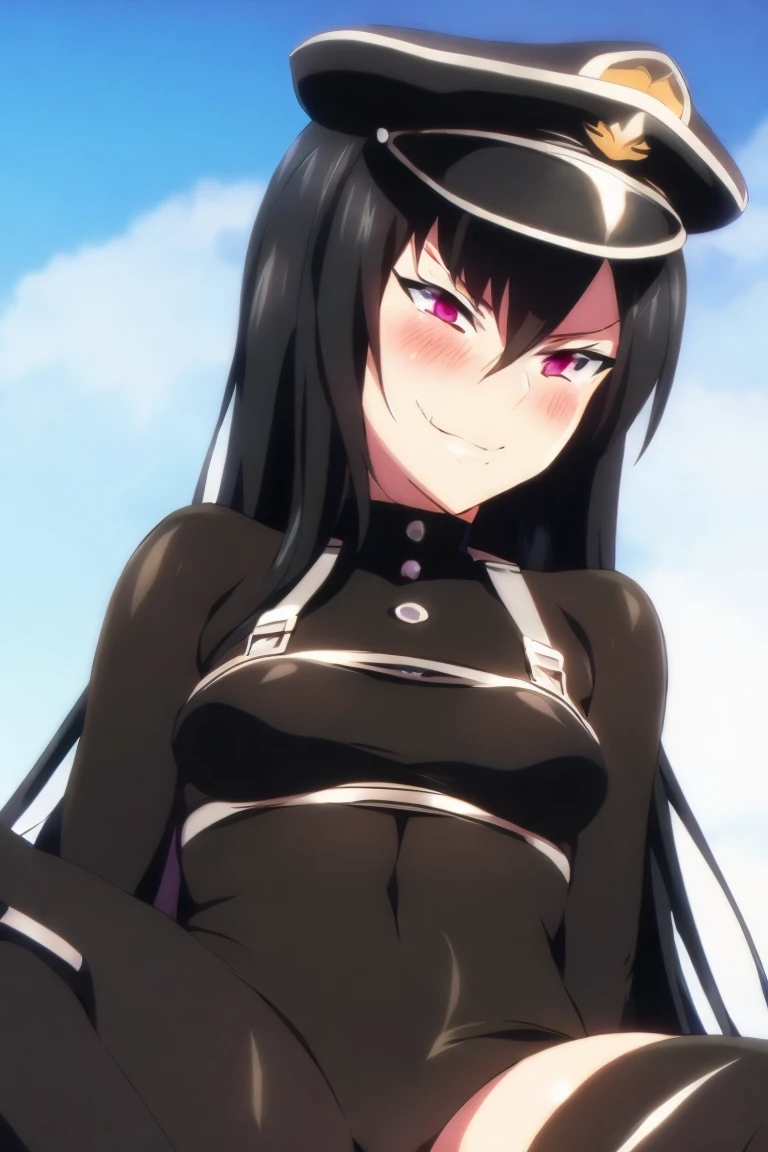 (((grinning lasciviously))), seductive anime girl, (((nefarious smirk))), [[[[grinning evily]]]], beautiful, masterpiece, ultra detailed, extremely detailed, ultra high res, 8k, beautiful detailed face, anime screencap, heart shaped face woman, (black hair:1.2), long hair, hair between eyes, large breasts, fearless face, sharp face, slant eyes, cat eyes, 170cm tall, adult, perfect proportion, (((black high-leg leotard))), (((dare shoulder))), cleavage, (((thigh boots))), choker, (((military cap))), anime style, ultra detailed beautiful face and eyes, front view, raw phot, incredibly absurdres, Beautiful portrait of cute anime girls, super fine illustration, full-hd, hdr, best aesthetic, distinct, exquisite, masterwork, by famous artist, highers, (((perfect anatomy))), mocking, (((rape face))), (((evil grin))), intense eyes, sadistic, gleaming skin, oil skin, slut face, (((full-face blush))), smirking, mischievous grin, furrowed mouth, both legs, pouty lips, downturned corners, rosy hue, grin widely, cheeky smirk, (((bad-tempered glare))), gloating, crazy smile, scary face, cruel smile, fang, connected teeth,, (((elbow gloves))), (((big connected teeth)), glare, grimace, smirk, (((scowling face))), smile broadly, symmetrical eyes, even eyes, perfect eyes, (((squinting eyes))), deep detailed eyes, shiny clothes, 1girl, solo, smug, smile grimly, (((dimpled smile))), pink eyes, (((upper body shot))), (((laugh))), (((pleasure face))), (((brutality face))), (((scary face))), (((empty eyes))), anime best girl, [[[[grinning evily]]]], anime moe artstyle,
