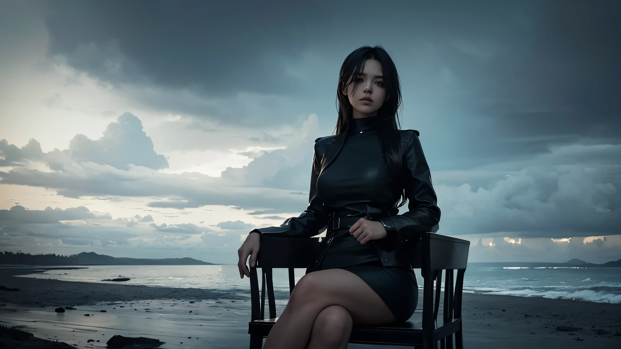 A photo of a beautiful girl sitting on a chair, looking at the sky with a dark, somber atmosphere. The surroundings are shadowy and moody, with deep, dramatic lighting adding to the intensity of the scene. The background features a dark sky with heavy clouds, enhancing the overall feeling of gloom and mystery.