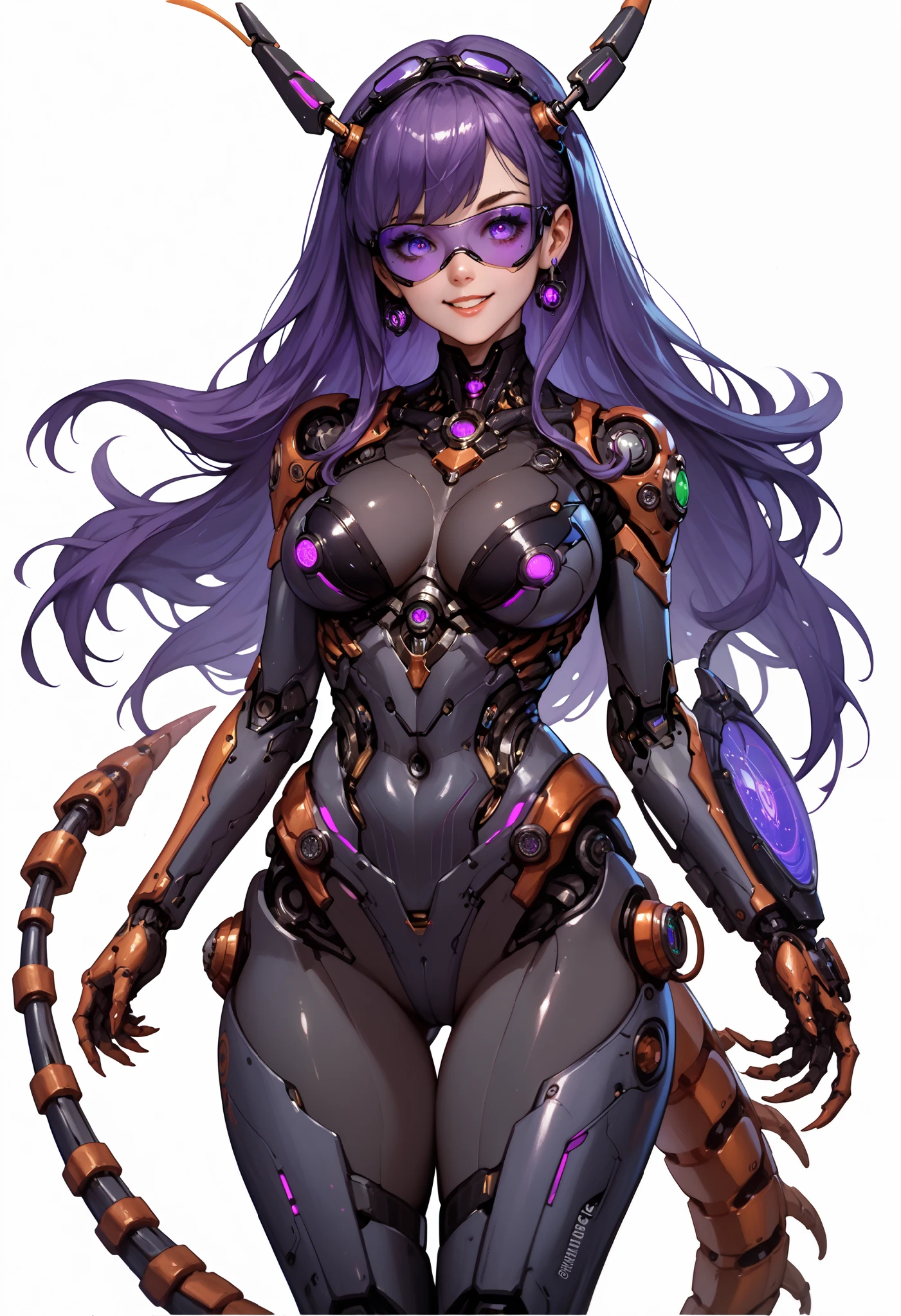Sci-fi style girl. Mechanical bodysuit. Purple image color. Long hair. Straight hair. Even bangs. Smiling. Cyber ​​goggles. Scorpion tail. Arthropod element. Mechanical scorpion. Thighs. Thick legs. Breasts perky. White background.
