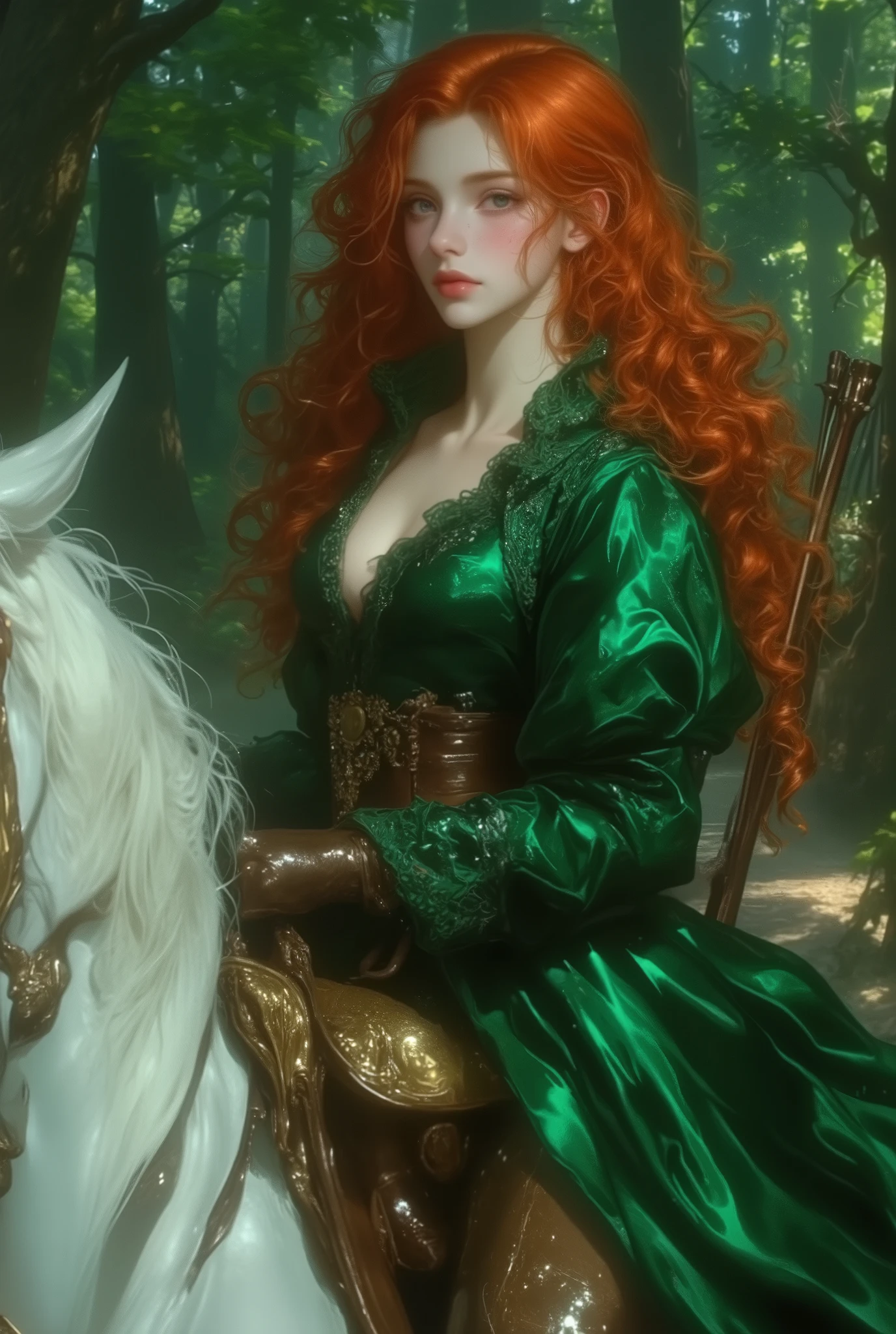 Best quality,masterpiece,ultra high res,beautiful, extremely detailed face, perfect lighting, perfect face, 16k, beautiful women, 1 garota , 16k, Best quality,masterpiece,ultra high res,beautiful, extremely detailed face, 16k, The time is set in the France, 1800. In a forest, an adventurous girl riding a majestic white horse. The girl wears a long emerald green dress, with long sleeves and glued to the arm. The girl carries a bow and arrow behind her back. The girl has an ethereal beauty, long red curly hair, blue eyes, slightly pink and freckled cheeks and slightly pink lips.