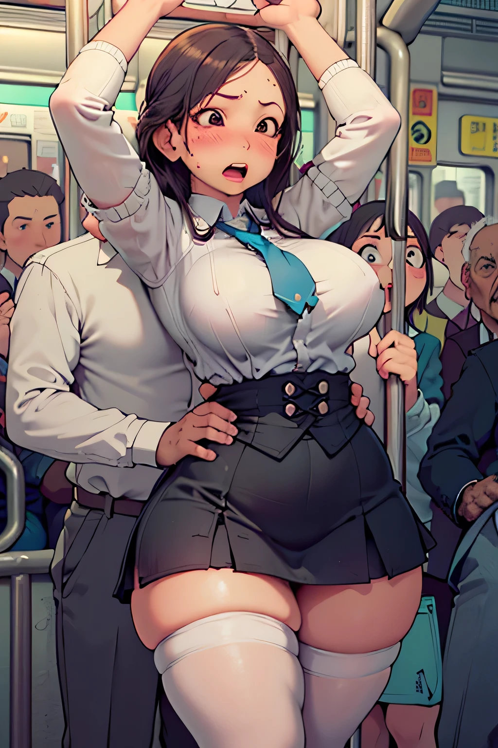 Female student、Sailor suit、Very short pleated skirt、crowded train、One Woman、Cute Woman、A large number of passengers、Thick thighs、Best image quality、High resolution、masterpiece、super high quality、Pink Bra、Pink Panties、Big Ass、Large Breasts 、Blushing、4K quality、Reached orgasm、Wearing black knee socks、Heavy breathing、From directly below、from directly below、, 1girl, arm up, 1man, {{{man put hands on girl’s crotch}}}, train interior, crowded, weep face、(Positive prompt)
(1 girl)++, (masterpiece)+++, (best quality)+++, (ultra cute kawaii)+++, love live!, anime colored, , tears, (steam)+++ , be molested ,feigned ignorance, wearing blazer whiteshirt ,checked skirt , (turn up a shirt), misaligned bra ,arched back, crowded train, (many man standing behind girl )++, dynamic pose, Dynamic hand movements, (breast grab)+++, man's arm grabbing a girl's tits, (frying hands), (floating hands), (grabbing from behind),