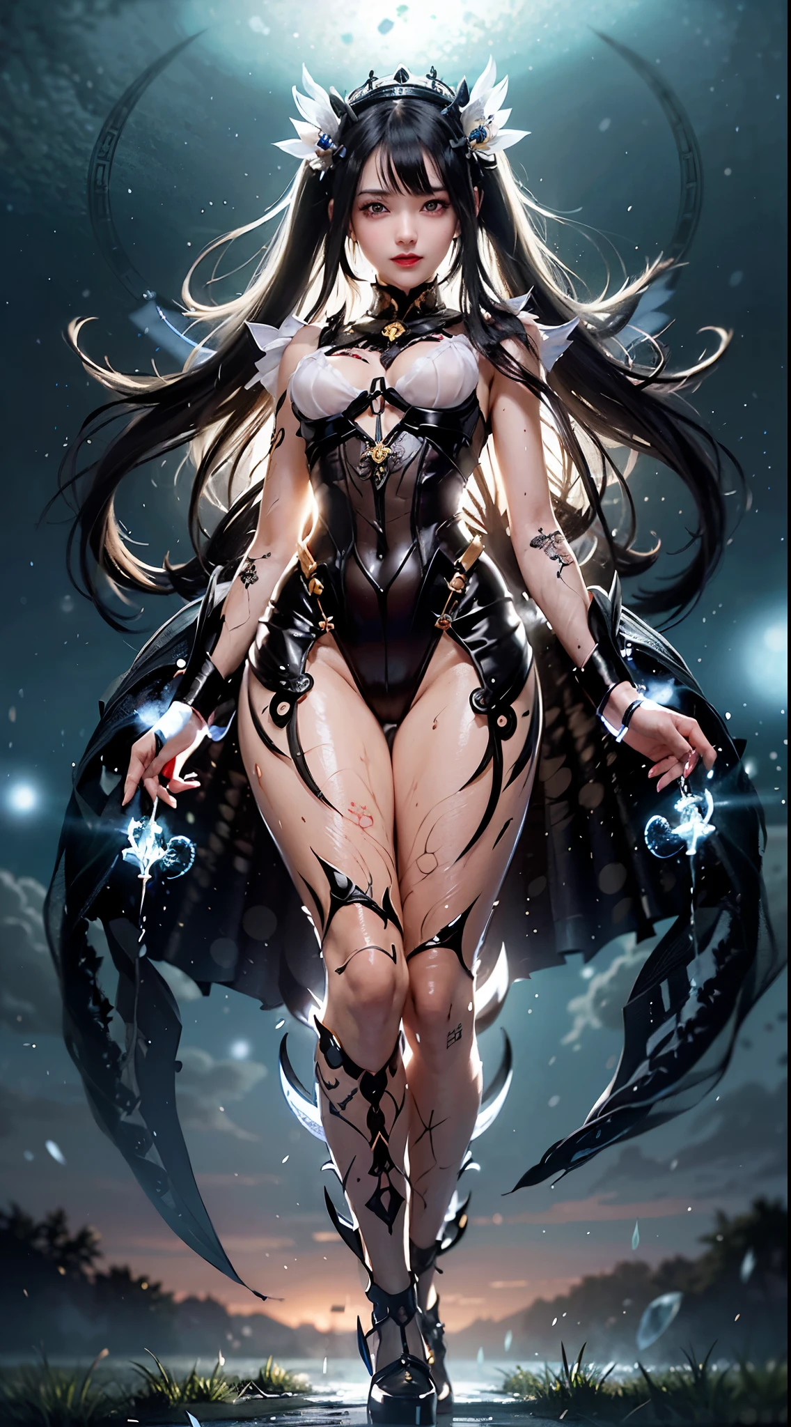 (maximum resolution: 1.2), (Ultra HDTV: 1.2), 8K resolution, Eye and skin detail, detailed facial features, , ( Sharp focus: 1.2）, (Focus focus) face: 1.2), Girl standing, On 1 Planet, Pajamas, Outstretched arms, (long hair), Black hair, (spacescape), Many stars.