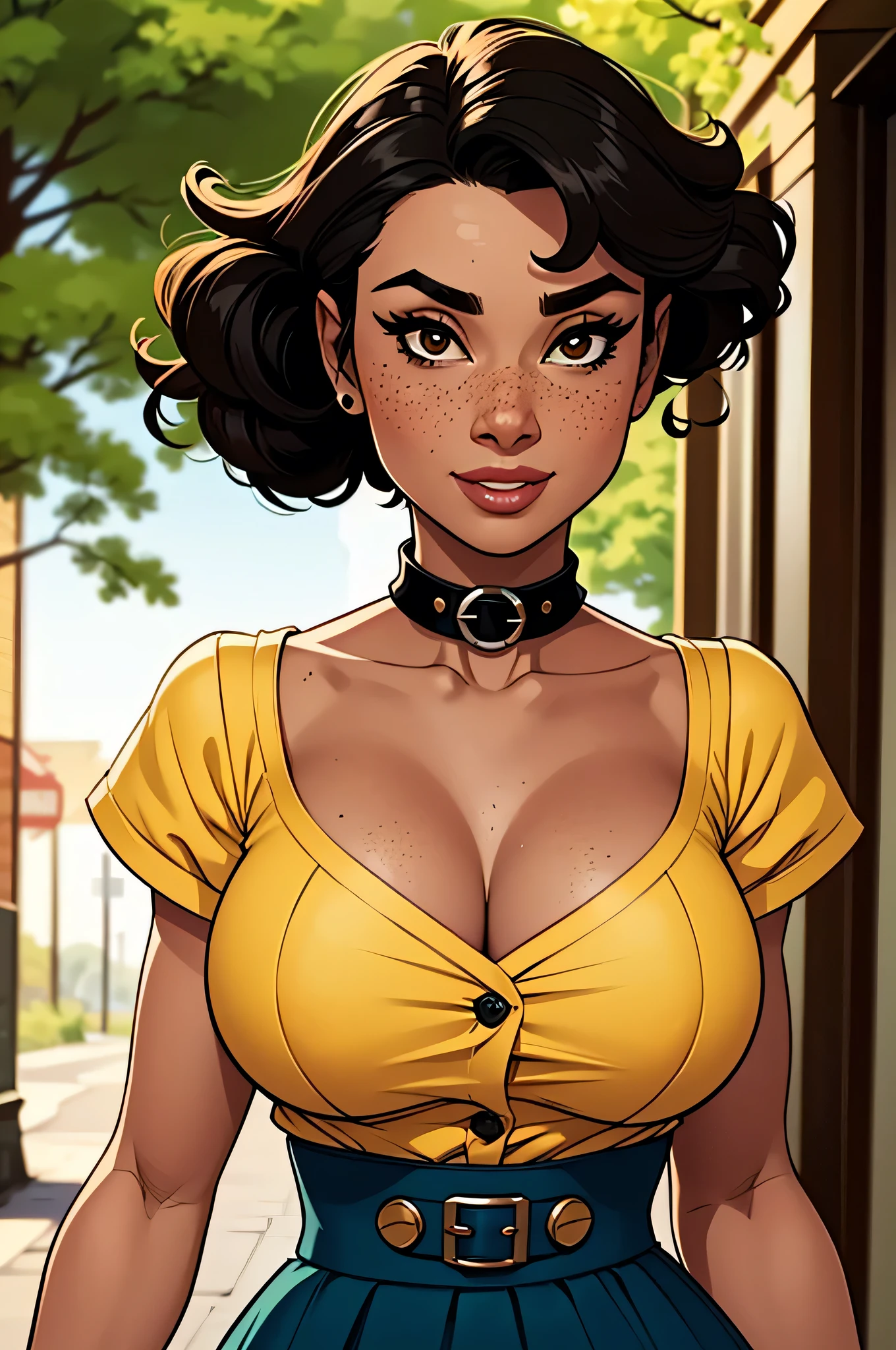 Thin woman, age 25, 4K (High definition), thoughtful, seducing gaze, eyes browns, wearing a yellow dress (com zipper lateral) and short sleeves, arms positioned at the side of the body, brown skin, curly black hair to the shoulders, standing (upper body), full of curves with freckles on her chest and neck, round breasts. High-quality Marvel style, white background.