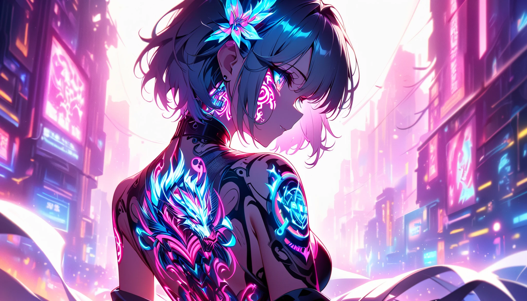 cyberpunk、A girl is decorated with thick anime art illustrations, glowing neon dragon tattoos on her body and face。The tattoo on his back 、Neon flashing、 The scene is dreamy , soft-focus effect that accentuates the brilliance of the tattoo.