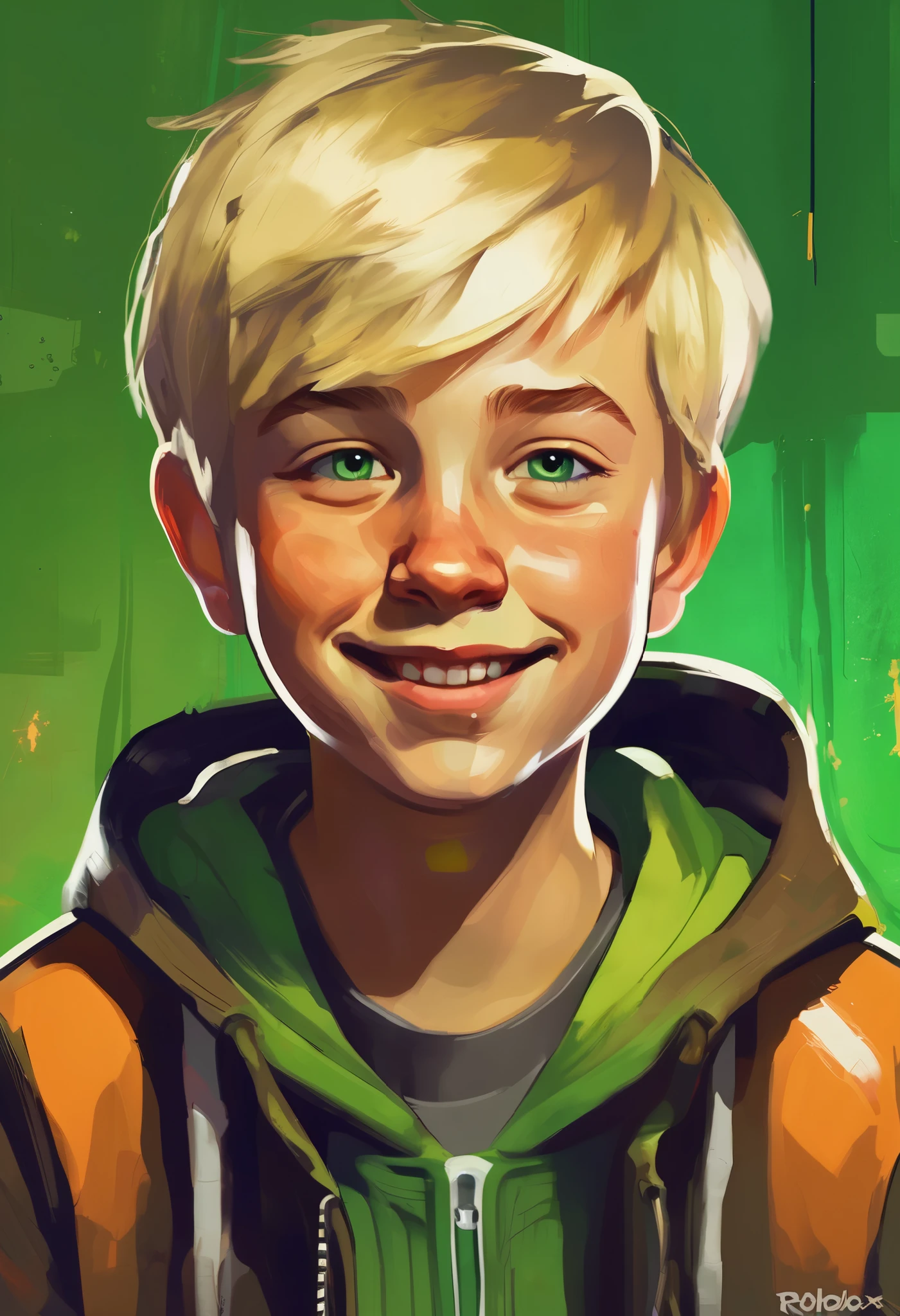 Disco Elysium style portrait, close up, young boy, fat, school age boy, russian boy, fat, shabby hoodie with 'ROBLOX' logo, worn sports pants, old worn sock, naive expression, short light blond hair, round face, wide green eyes, crooked smile, glowing smartphone, playful and silly, cheerful, high quality, dreamlike atmosphere, vibrant brushstrokes, yellow tones, orange tones, toxic green, abstract background, like innocence, energetic and curious, Disco Elysium artstyle