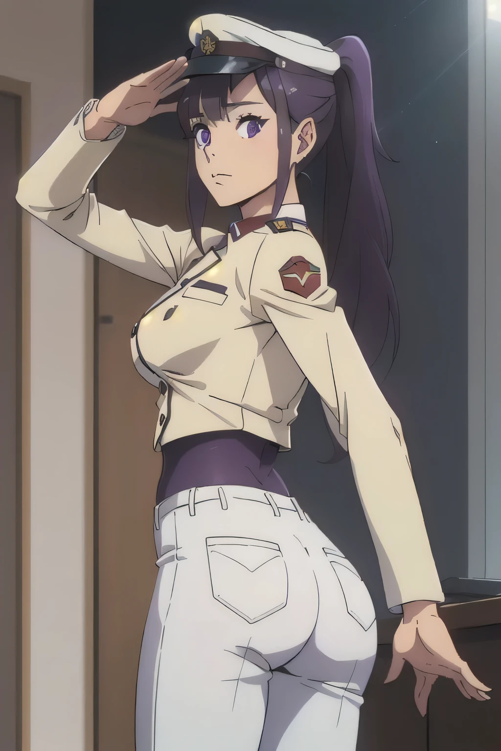 1 girl in, 18, photo of Sung Jinha, Solo Levelling Waifu, photo of perfect woman, Solo, Aesthetic artwork, (long hair, straight purple hair, long ponytail, dark purple hair, bangs: 1.25), (violet eyes, clear skin, fare skin, small breasts, B-cup, runners body, very thin waist, skinny, petite, detailed skin texture, (Masterpiece), (shot from behind, up skirt, focus on ass:1.2), (Matilda Ajan cosplay, looking straight at viewer, tan full uniform, tan color uniform, tight off-white pants, slim body, perfect body, standing straight up, military attention, military salute, one hand down, tan officer uniform, tan military jacket, tan buttoned up jacket, perfect hands, military officer hat, tan color hat, (extremely detailed 8k wallpaper), soft lighting, high quality, film grain, 50mm, High Detail, Sharp focus, (natural light), (cowboy photo:1.2), light particles