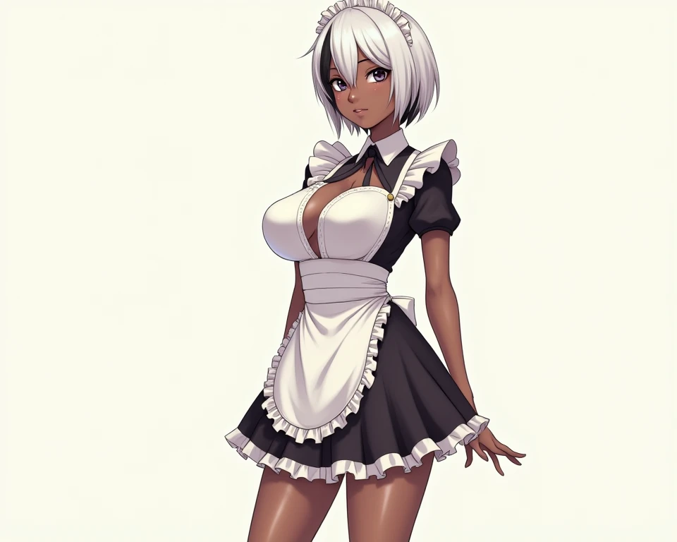 (masterpiece, best quality, perfect hourglass figure, wide waist, blush), busty, portrait, bible black beauty perfect face, flawless eyes, empty gradient background, beautiful lips, full lips, (arms behind back), perfect waist, cowboy shot, perfect hips,, wide smile, sanpaku, concave bangs, round pupils, evil eyes, tan, dark skin, brown skin, short puffy hair, huge breasts, saggy breasts, scarlet hair, GothGal, wearing a GothGal outfi, dress, frills, Android 18, oiled boobs,